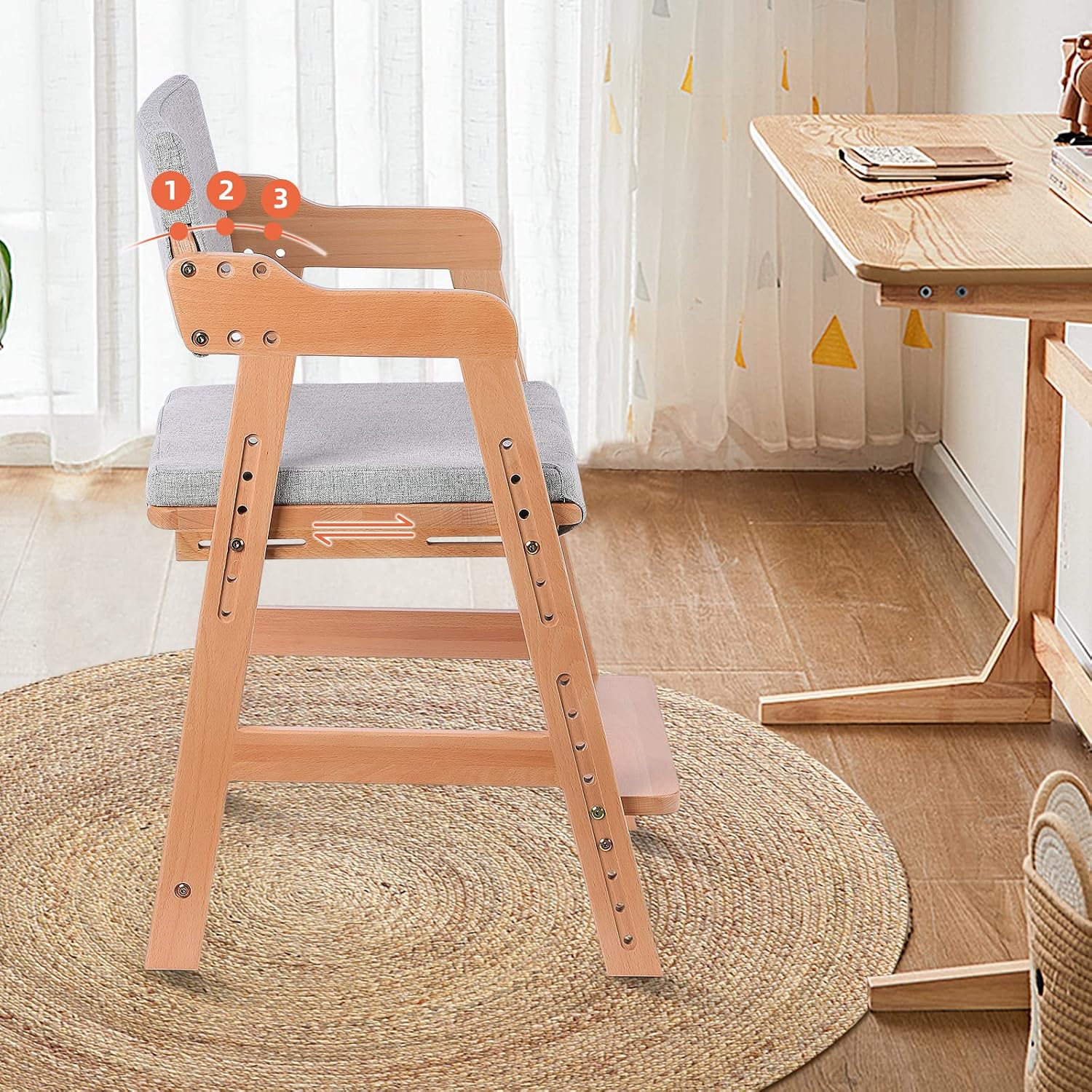 Ezebaby Wooden High Chair for Toddlers to Teens Adjustable Kids Learning Chair with Steps, Child Seats with Removable Cushion (Natural Color)