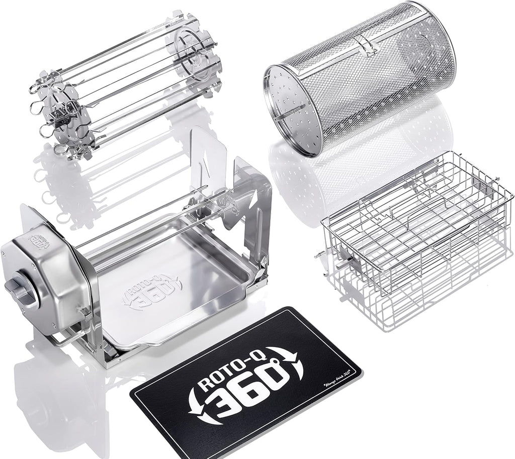 ROTO-Q 360 Family Rotisserie Kit – Non-Electric Wind-Up Spit Roaster with Tumble Basket, Flat Cage, Skewer Set & Mat for Grill, Oven, Smoker, Portable BBQ Cooking, Tailgating, or Camping Use