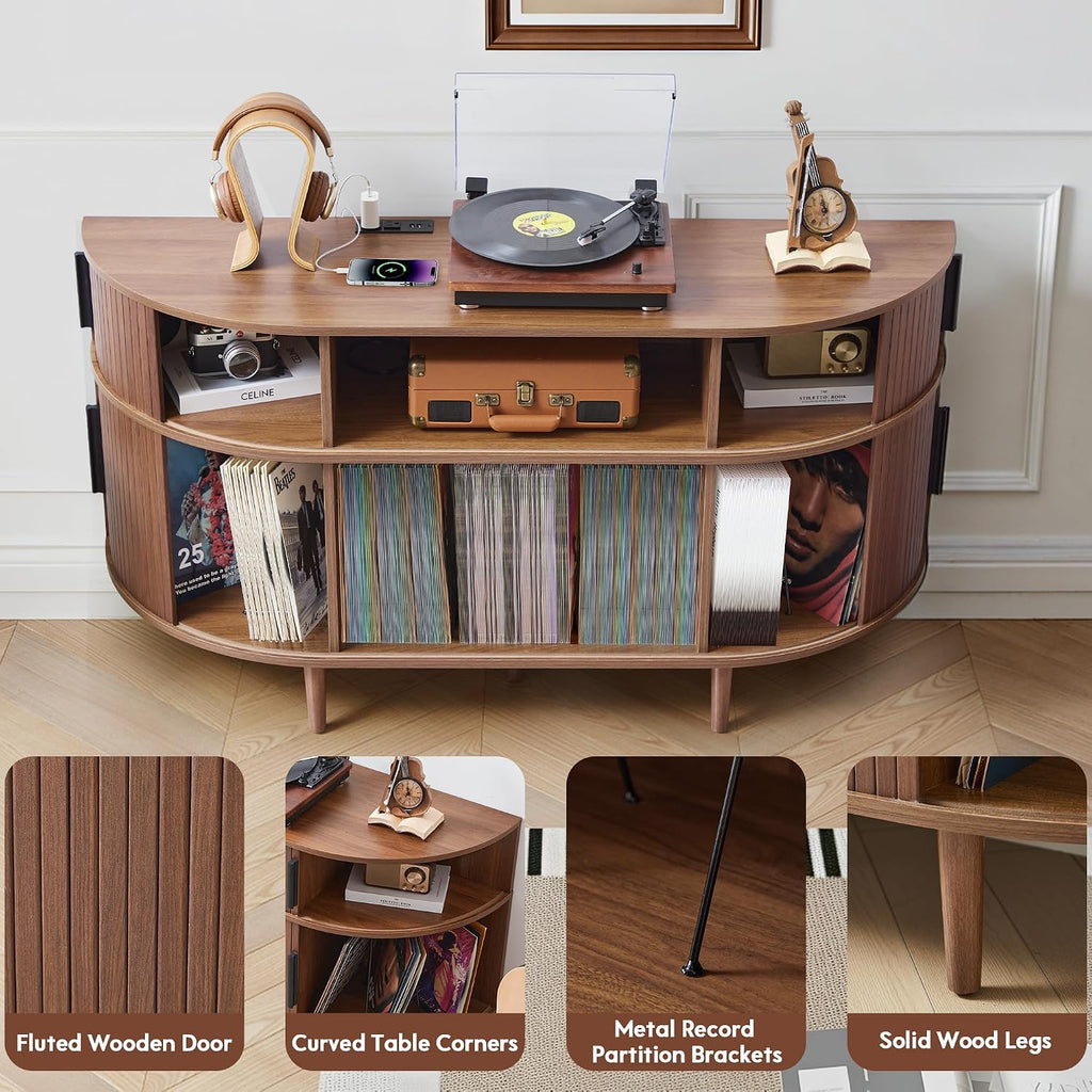 Large Record Player Stand, 55'' Wood Vinyl Record Storage Cabinet with Charging Station & USB Ports, Curved Turntable Table Open Shelf Holder Up to 300 Albums for Living Room(Walnut)