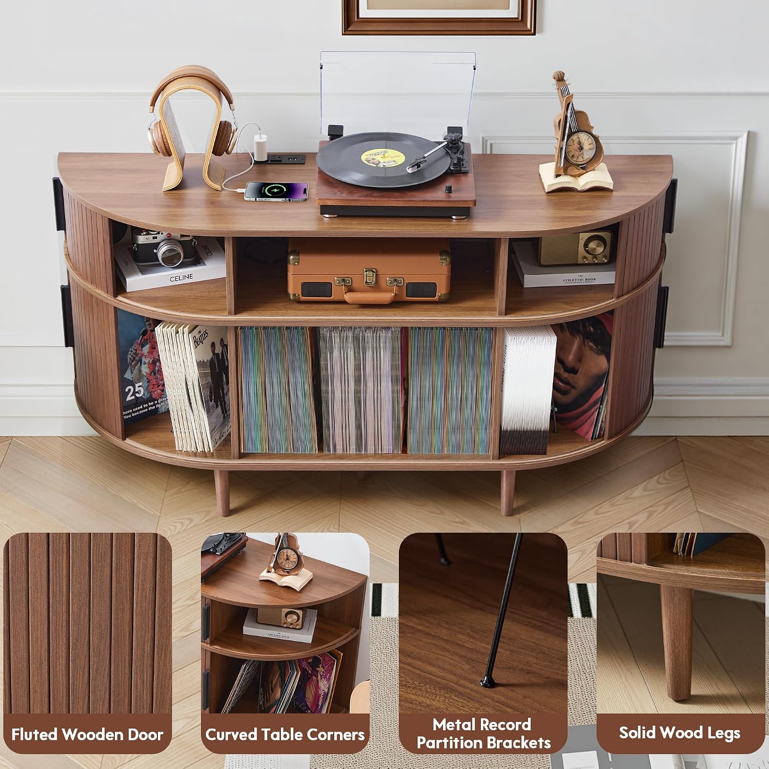 Large Record Player Stand, 55'' Wood Vinyl Record Storage Cabinet with Charging Station & USB Ports, Curved Turntable Table Open Shelf Holder Up to 300 Albums for Living Room(Walnut)