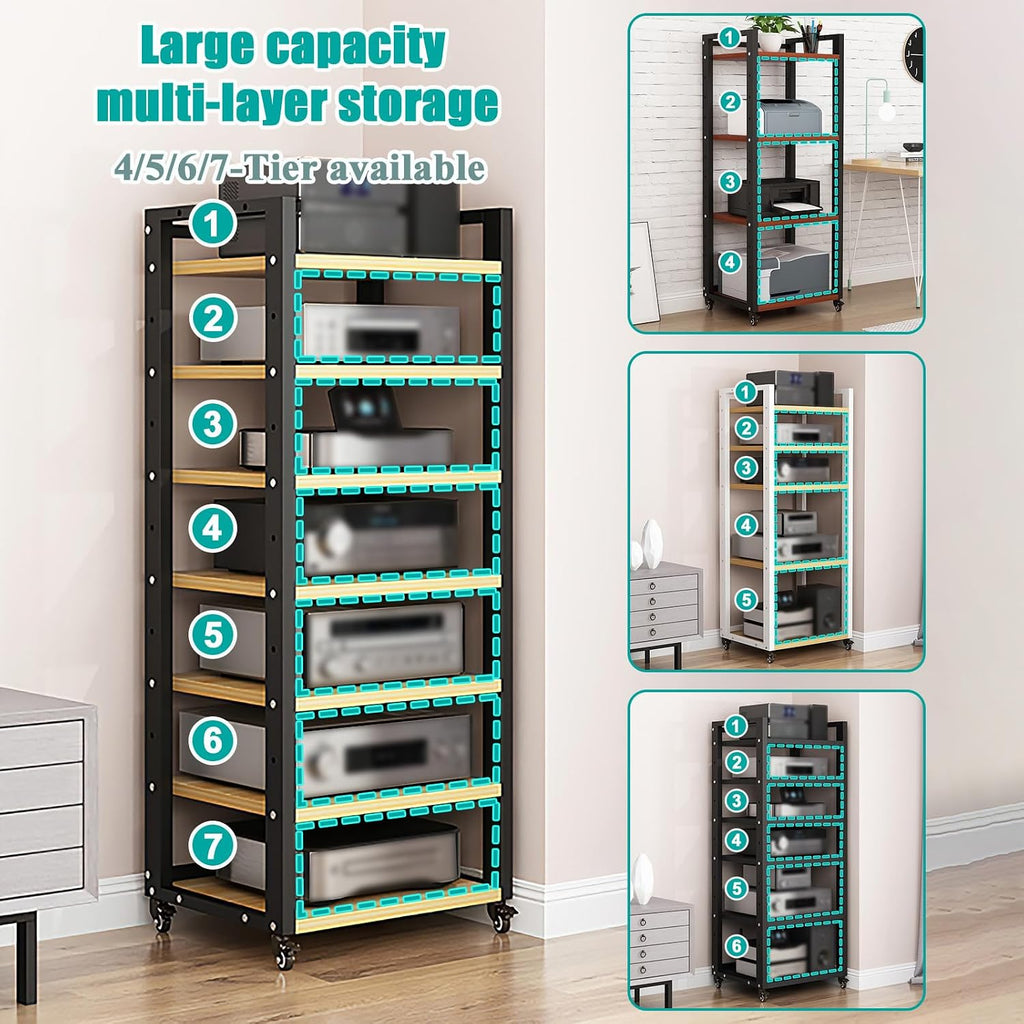 Stereo Stands and Racks with Wheels - Modern Stereo Cabinet with Adjustable Shelves for Audio-Video Shelving Unit Storage Equipment - Media Stand Shelf for Living Roo B 4-Tier(B): L23.6×W15.7×H55.1in