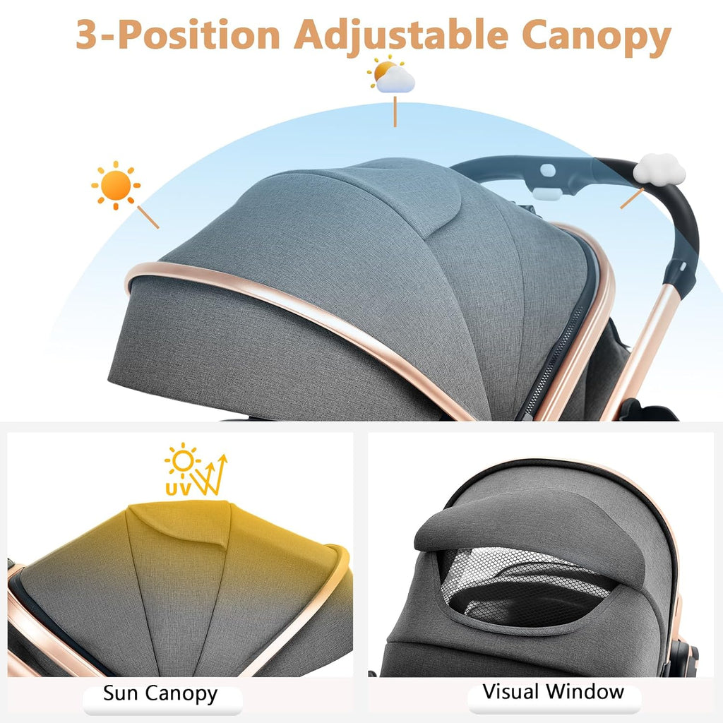 TODEFULL Convertible Baby Stroller, 3 in 1 Folding Infant Stroller, High Landscape Pushchair w/Adjustable Backrest & Canopy, Newborn Pram with Foot Cover, Storage Basket, Grey