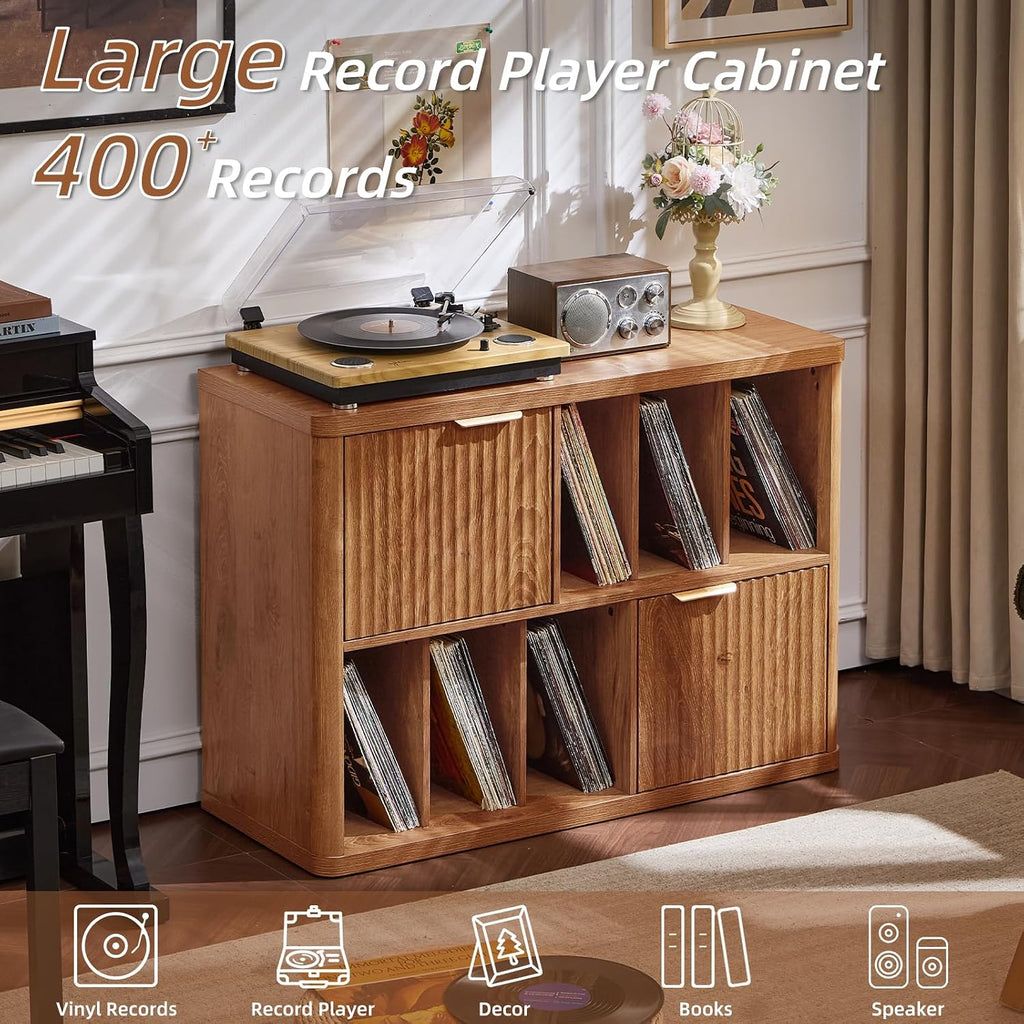 LEYAOYAO Large Record Player Stand with Vinyl Storage Up to 450 Albums, Wood Fluted Boho Record Storage Accent Cabinet, Modern Stereo Media Cabinets, Wide Turntable Stand for Living Room, Tea Brown