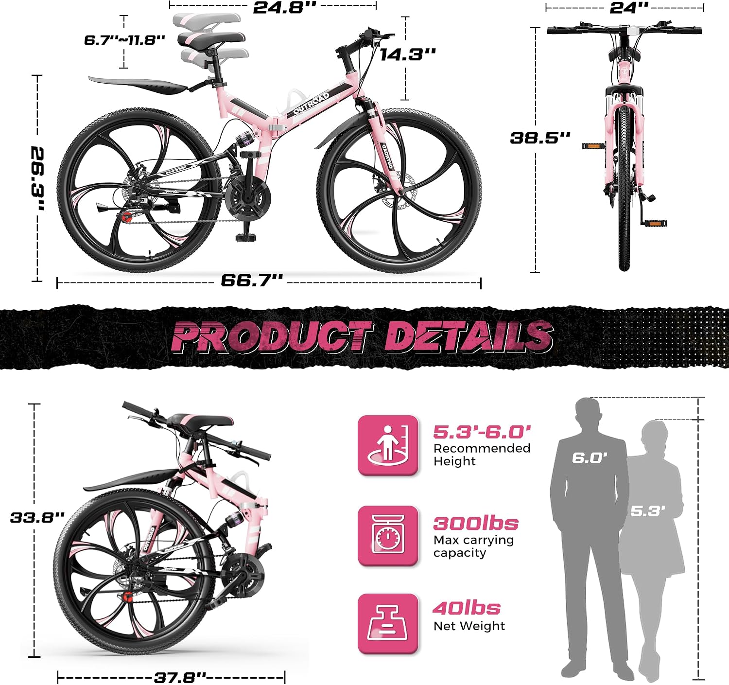 Outroad 26 Inch Folding Mountain Bike, 21 Speed Full Suspension High-Carbon Steel MTB Foldable Bicycle, Dual Disc Brake Non-Slip Folding Bikes for Adults/Men/Women, Black, Orange and Green