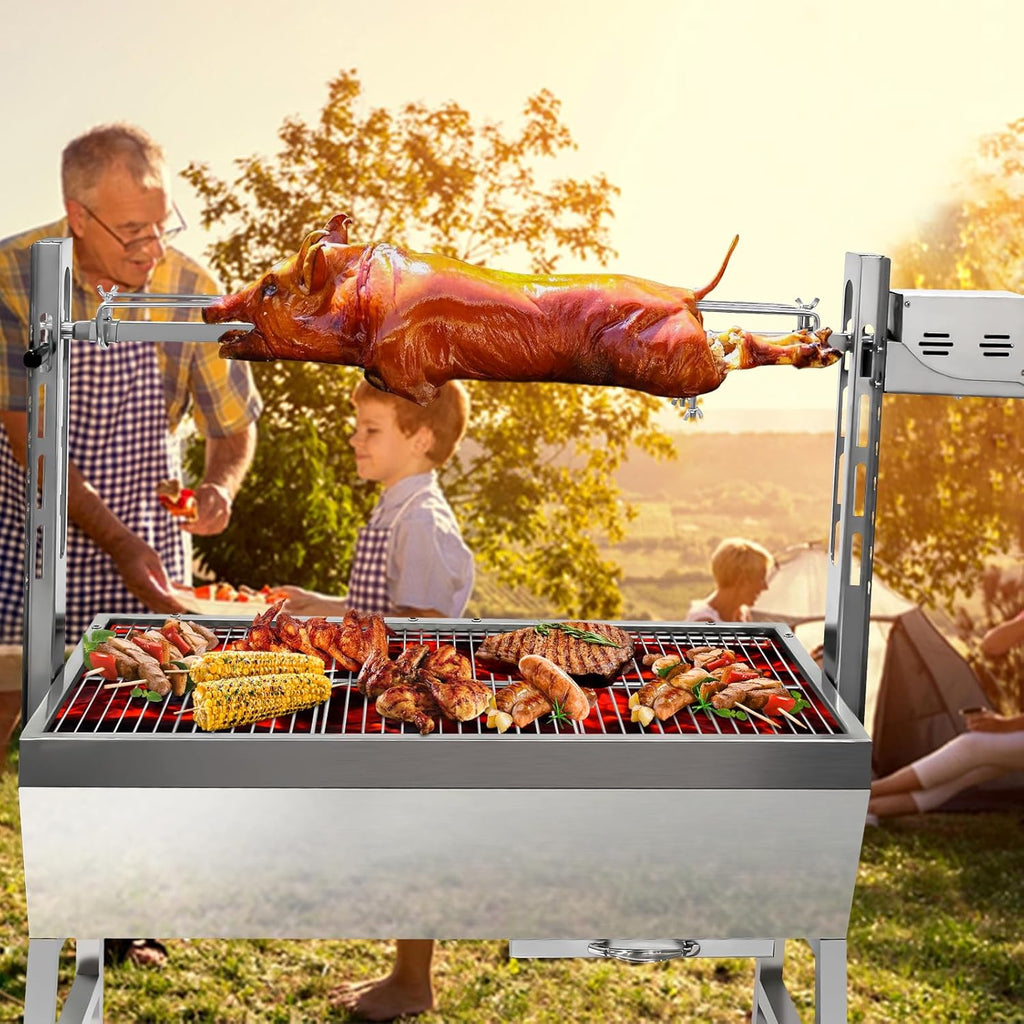 Rotisserie Grill Charcoal Spit Roaster, Stainless Steel 37' Pig Lamb Hooded Roaster Charcoal Spit With 25W Motor & Adjustable Height Lockable Casters For Party Barbecue,132 LBS Without Baffle