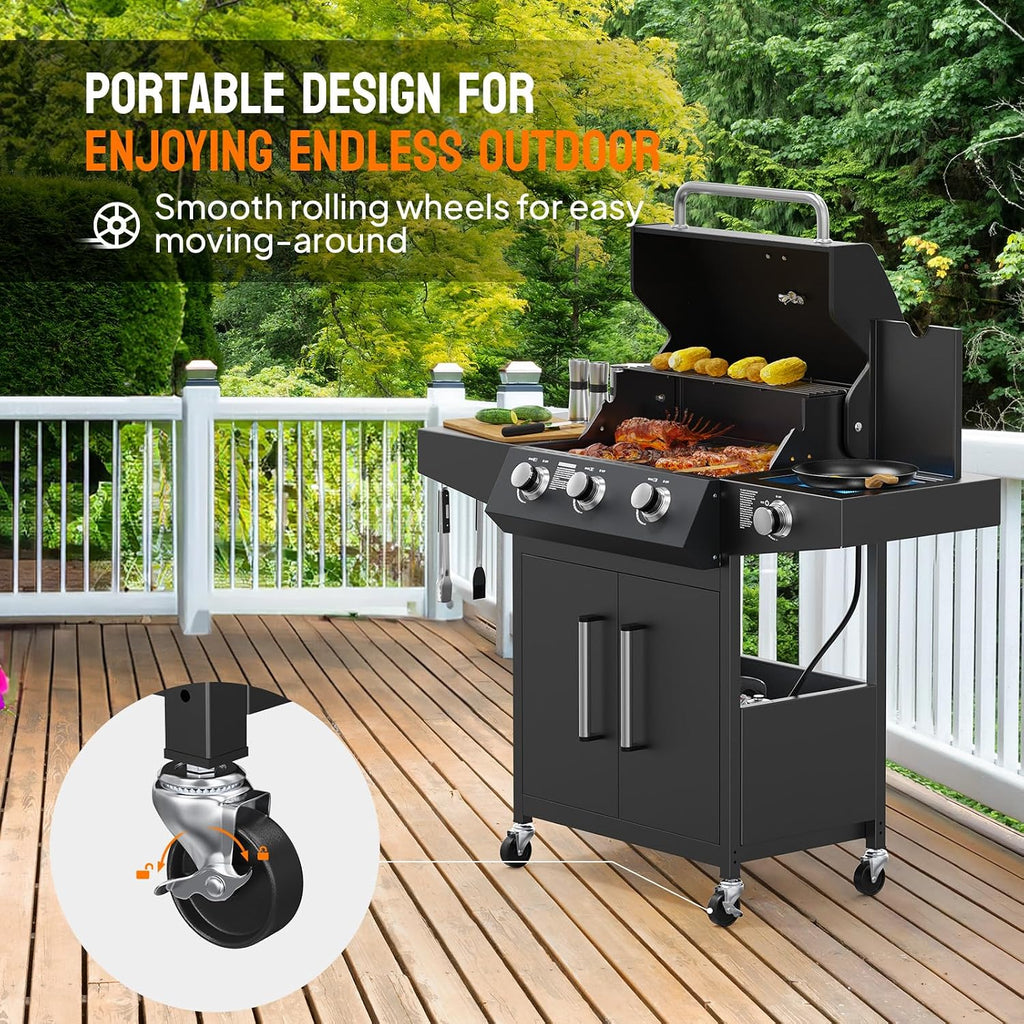 ROVSUN 3 Burner Propane Gas Grill with Side Burner, 46,000BTU BBQ Grills with Enameled Cast Iron Grates, Shelf & Cabinet for Outdoor Garden Patio Backyard Barbecue Cooking
