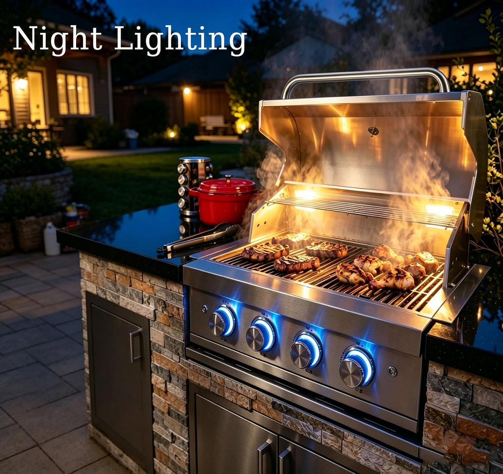 28-inch Built-in Gas Grill, 4 Burner Propane Gas Grill 48,400 BTU, 304 Stainless Steel, Charcoal and Propane Gas Dual Fuel for Patio Backyard Parties Barbecue