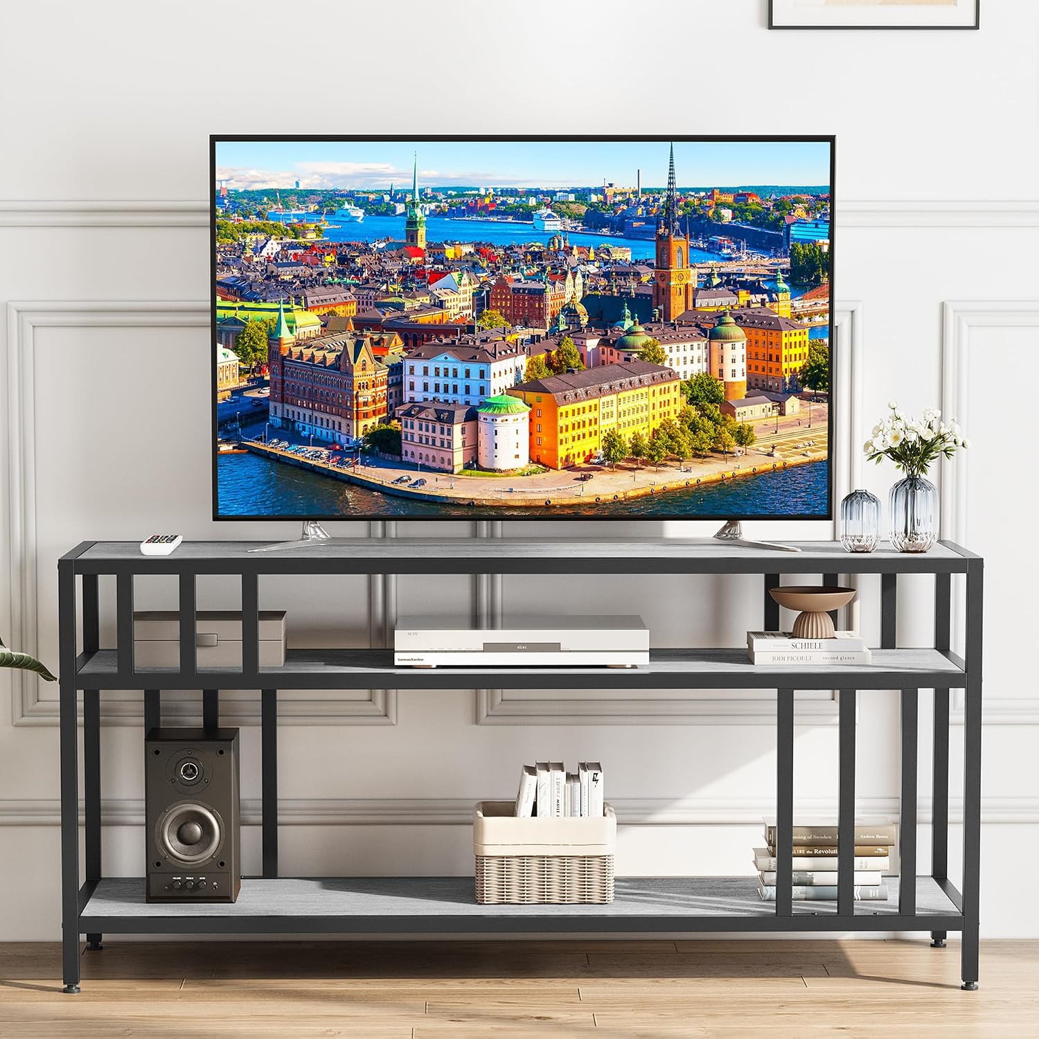GarveeHome 65 in TV Stand for TV up to 75 in, Entertainment Center with Open Storage Shelves, TV Media Console Table with Quadruple-Tube Support for Living Room, Bedroom - 65 in Grey