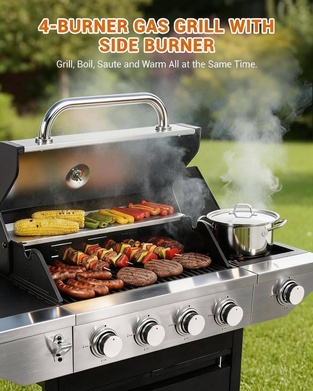 EUHOME 46,500 BTU 4-Burner Propane Gas Grill with Side Burner – Stainless Steel Outdoor BBQ with Enameled Cast Iron Grates & Foldable Side Tables for Patio, Backyard, and Outdoor Cooking