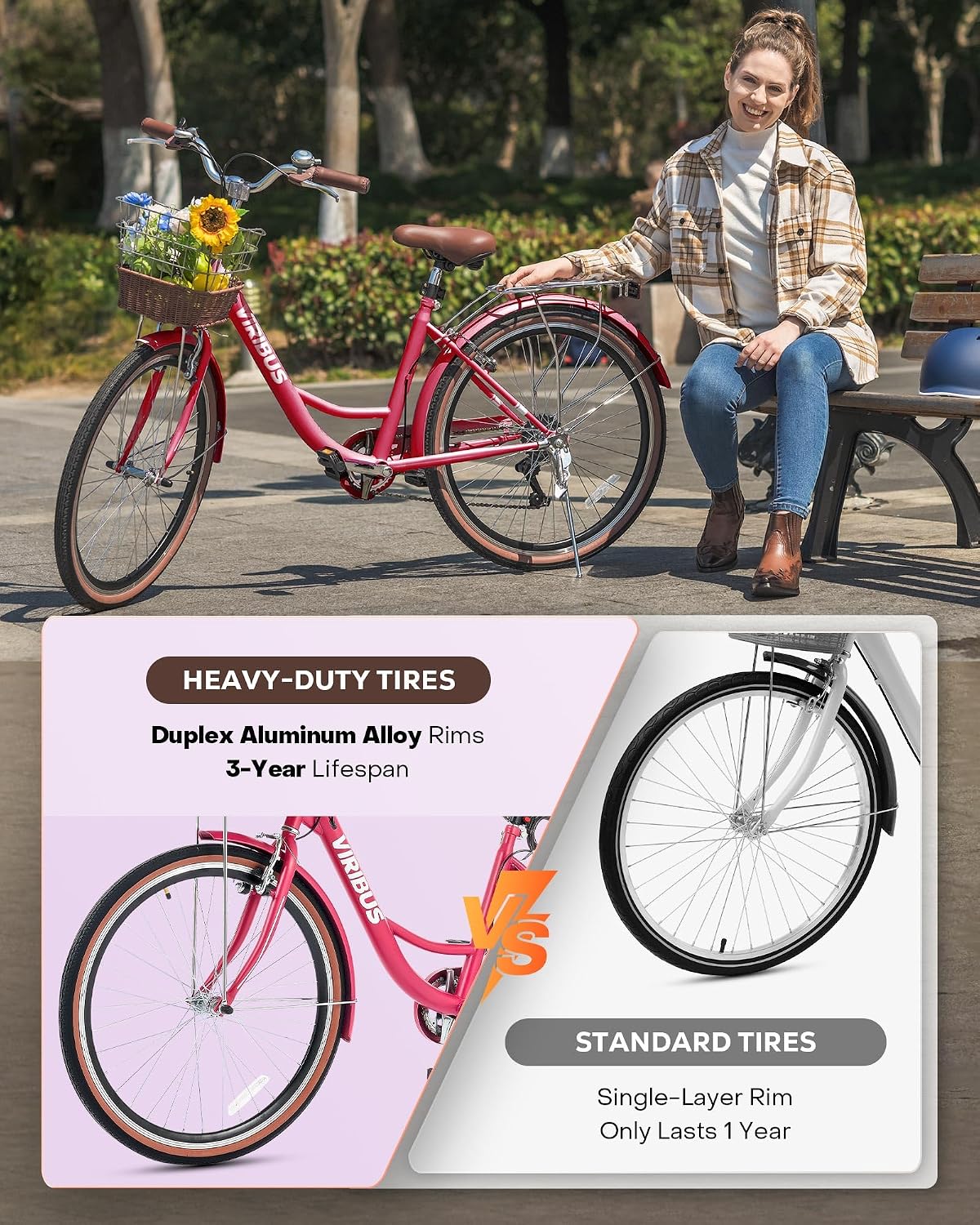 VIRIBUS Womens Cruiser Bike, 7 Speed Beach Cruiser Bike for Women, 26 inch Women Bicycle with Rattan Basket, City Commuter Vintage Retro Step Through Bicycle for Female Ladies Seniors, 330 Lb.