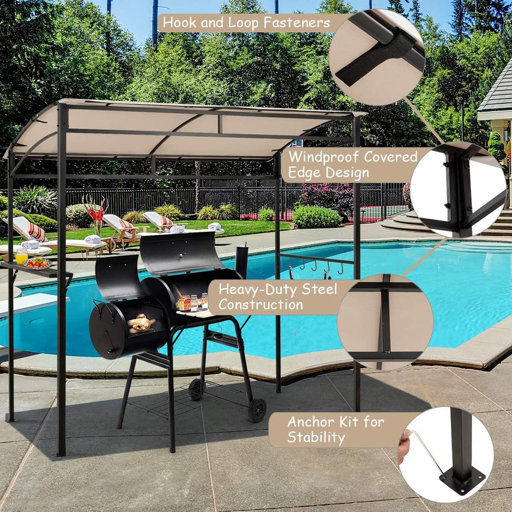 Tangkula 7ft Grill Gazebo, Patio Barbecue Canopy with Serving Shelf and Storage Hooks, Curved Grill Shelter w/Heavy-Duty Steel Frame Sunshade Gazebo for Outdoor Garden (Beige)