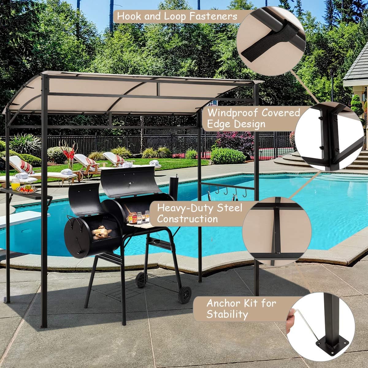 Tangkula 7ft Grill Gazebo, Patio Barbecue Canopy with Serving Shelf and Storage Hooks, Curved Grill Shelter w/Heavy-Duty Steel Frame Sunshade Gazebo for Outdoor Garden (Beige)