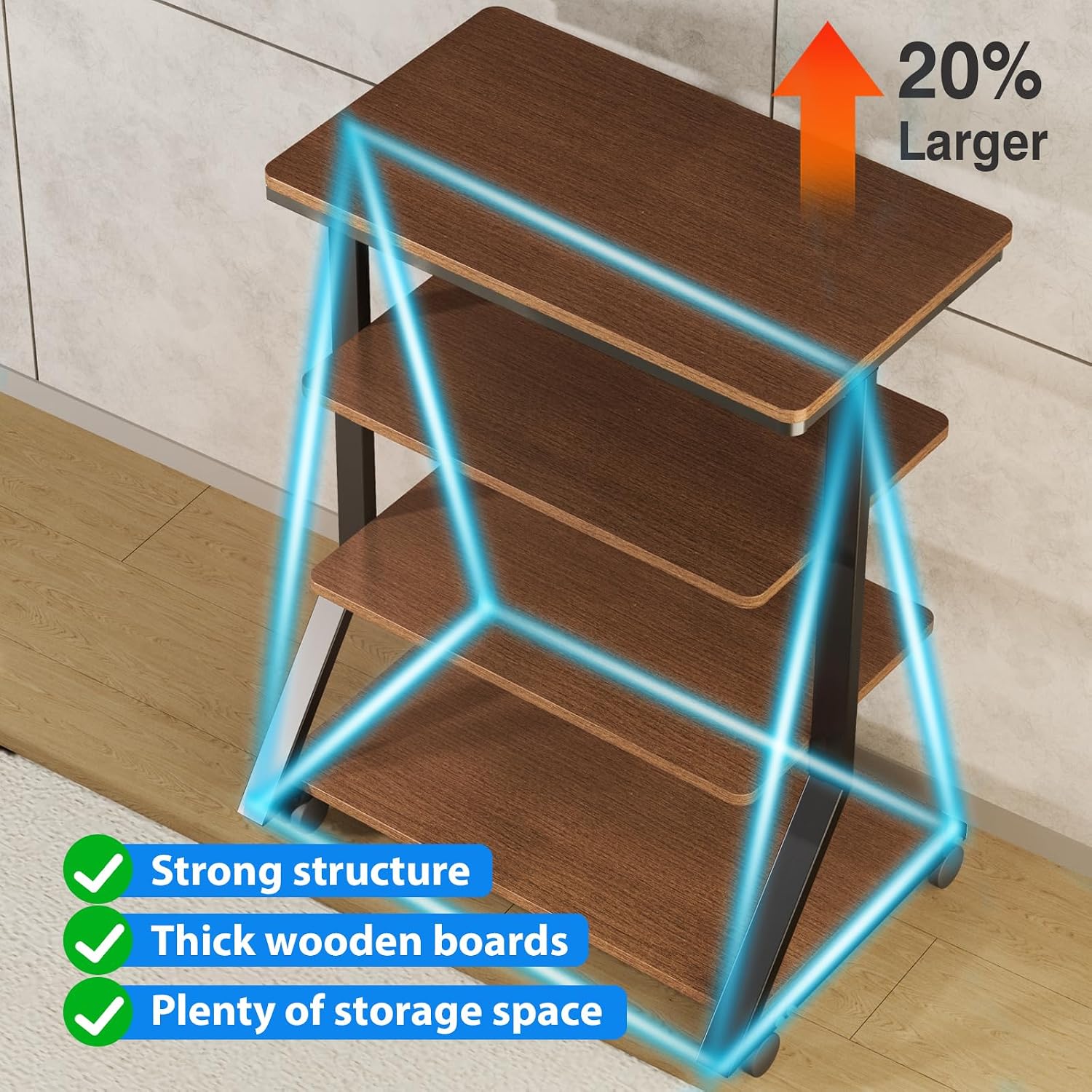 Rfiver 4-Tier AV Media Stand with Wheels, Mobile Rack Audio Tower with Height Adjustable Shelves, Wooden Stereo Racks and Stands, Stereo Stand for Record Player, TV Box, Corner Entertainment Center