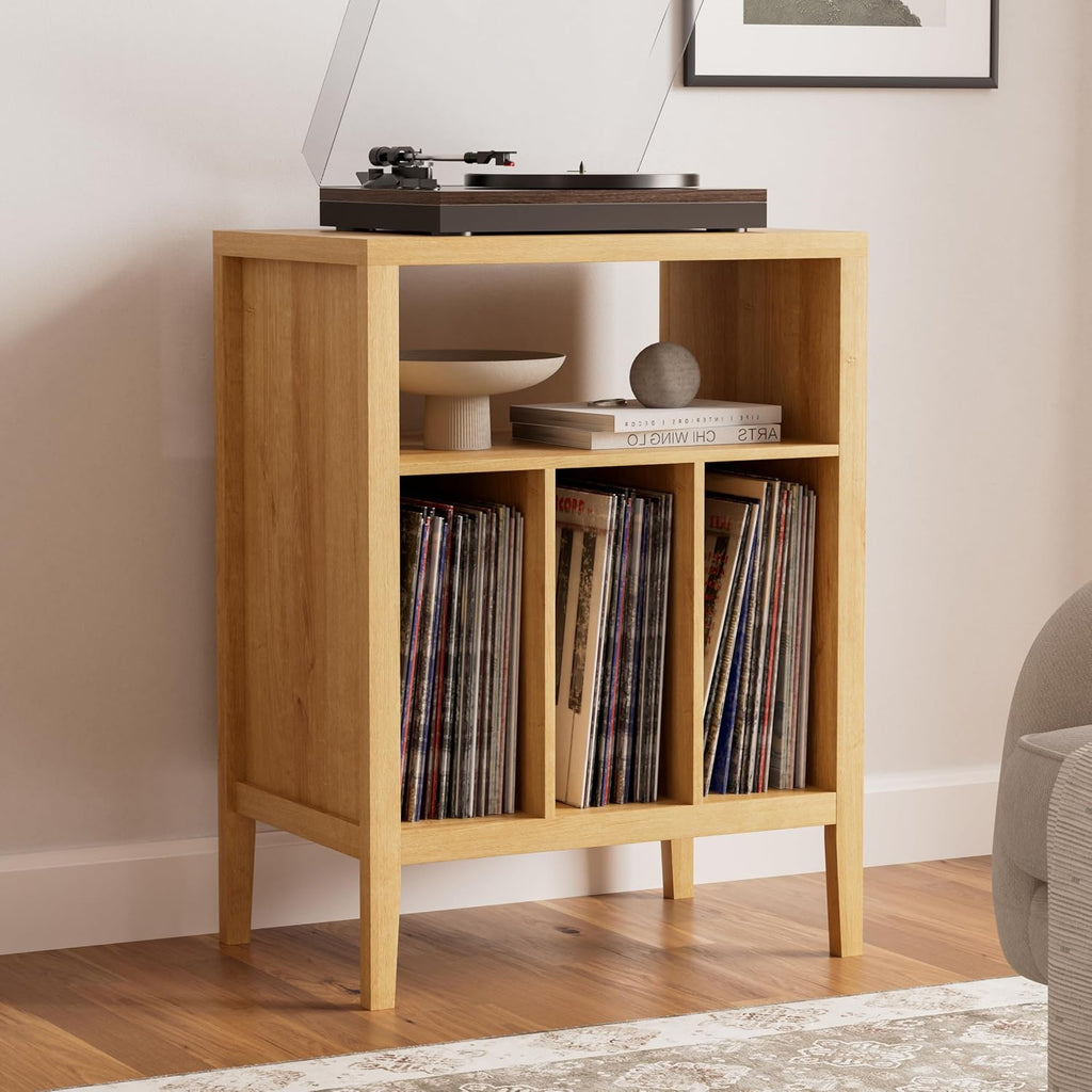 Farmhouse Record Player Stand Set of 2, Vinyl Record Storage Cabinet with Open Shelf, Wood Cube Storage Organizer for Living Room, Office, Natural Oak