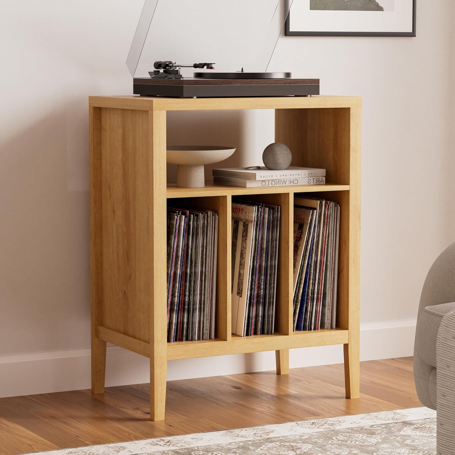 Farmhouse Record Player Stand Set of 2, Vinyl Record Storage Cabinet with Open Shelf, Wood Cube Storage Organizer for Living Room, Office, Natural Oak