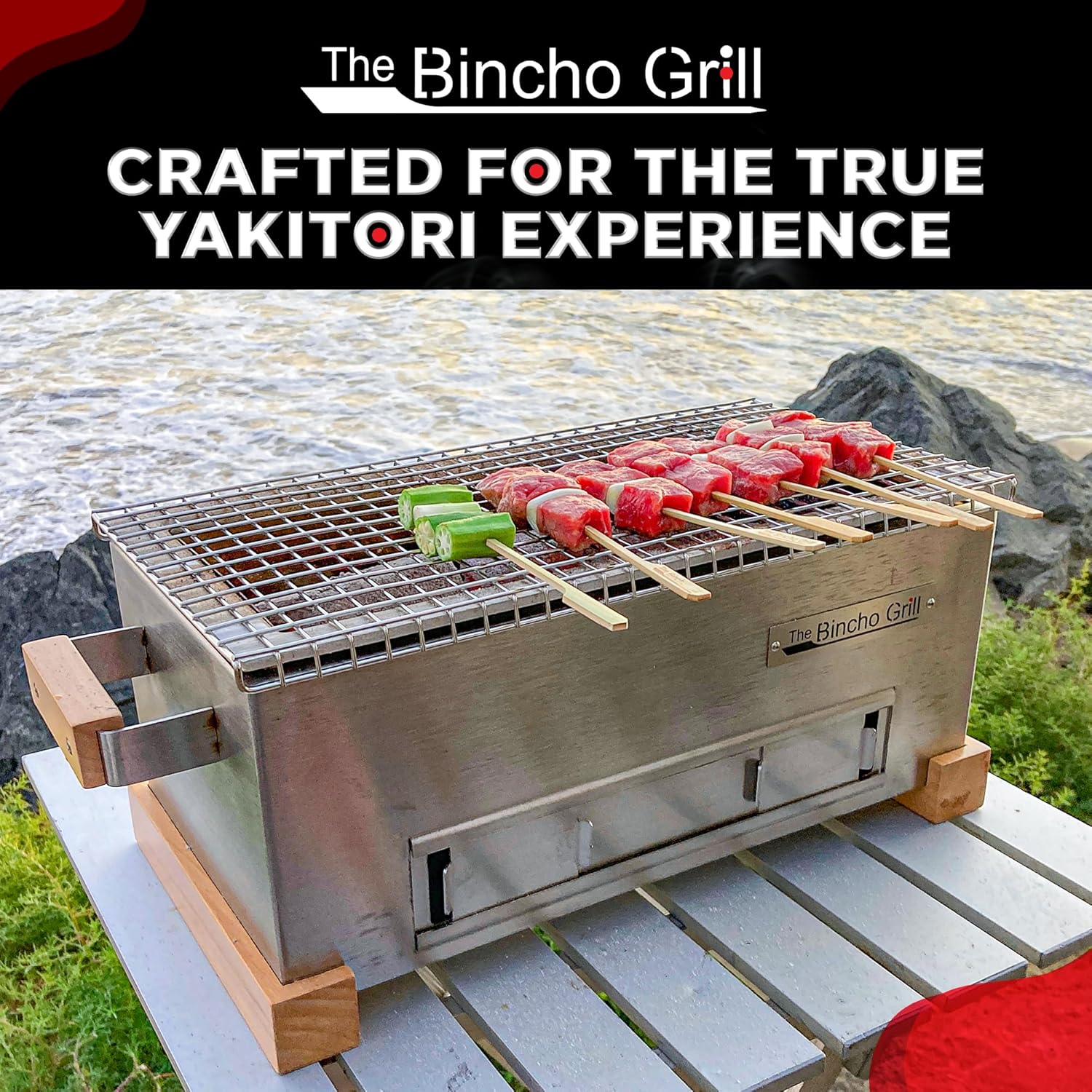 The Bincho Grill 16' Mini Yakitori Grill – Stainless Steel Mini Tabletop Charcoal BBQ with Charcoal Box, Optimized Airflow & Cool-Touch Base - Perfect for Japanese Grilling, Skewers, Meat, Seafood