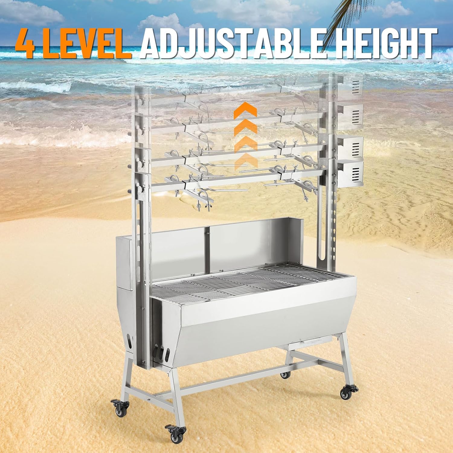 GarveeTech 37in Stainless Steel Electric Rotisserie Grill - 132LB Capacity for Whole Pig & Lamb, Charcoal Spit Roaster with Wind Screen, 50W Motor & Lockable Casters, Outdoor Camping BBQ