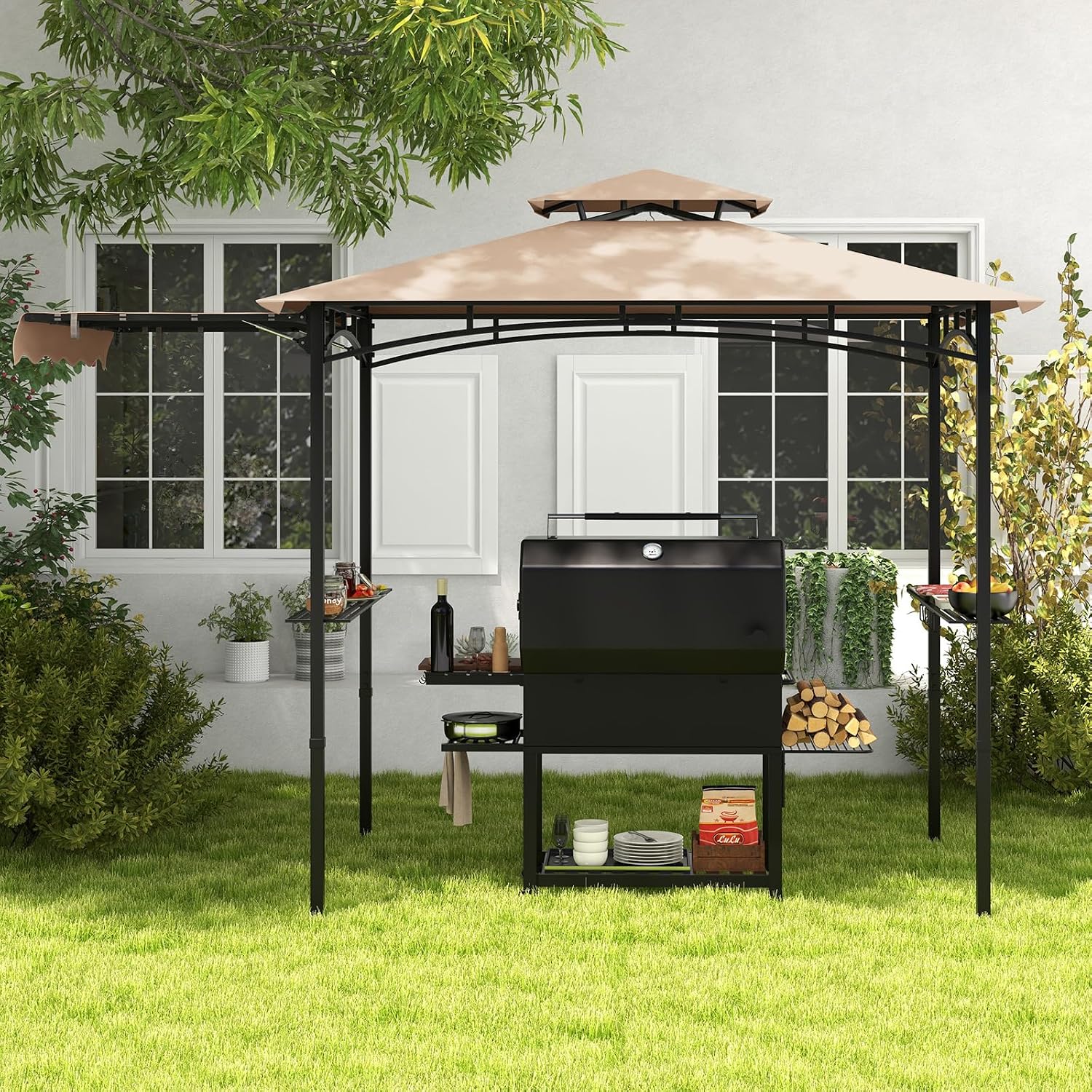 Tangkula 11x5 FT Grill Gazebo with Side Awning, 2-Tier Barbecue Gazebo with 2 Shelves, 12 Hanging Hooks, Bottle Opener, Outdoor Grill Canopy for Backyard Garden Poolside (Beige)