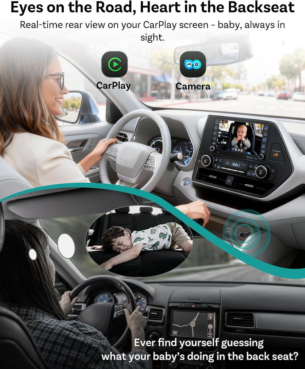 OTTOCAST Baby Car Camera &Wireless CarPlay Adapter,1080P HD Rear Seat Monitor Display on Car Screen,150°Wide Angle No-Glow Night View, Safety for Kids & Infants