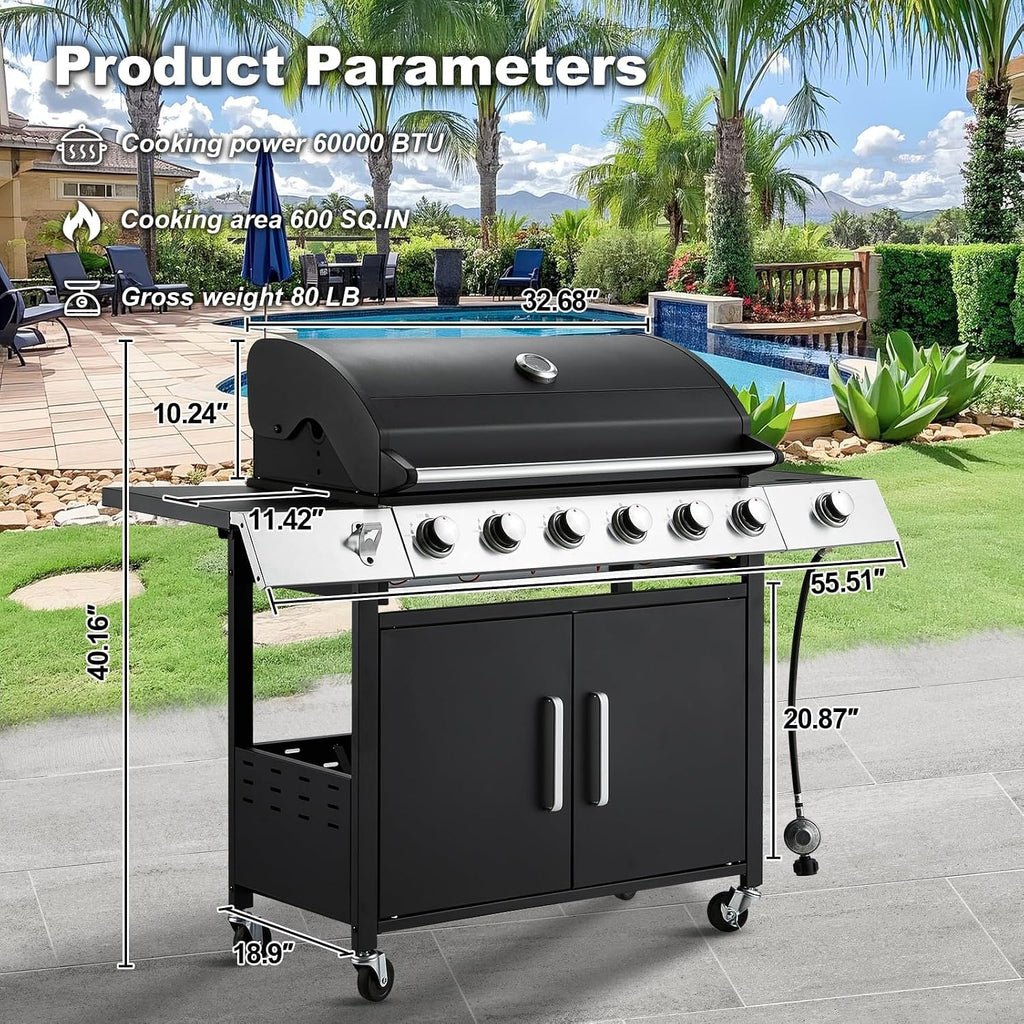 MELLCOM Upgraded 60,000 BTU Stainless Steel Burner Barbecue Grill, 6 Burner BBQ Propane Gas Grill with Side Stove & Cast Iron Grates for Patio, Camping, Outdoor Cooking