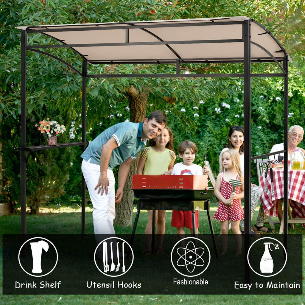 Tangkula 7ft Grill Gazebo, Patio Barbecue Canopy with Serving Shelf and Storage Hooks, Curved Grill Shelter w/Heavy-Duty Steel Frame Sunshade Gazebo for Outdoor Garden (Beige)