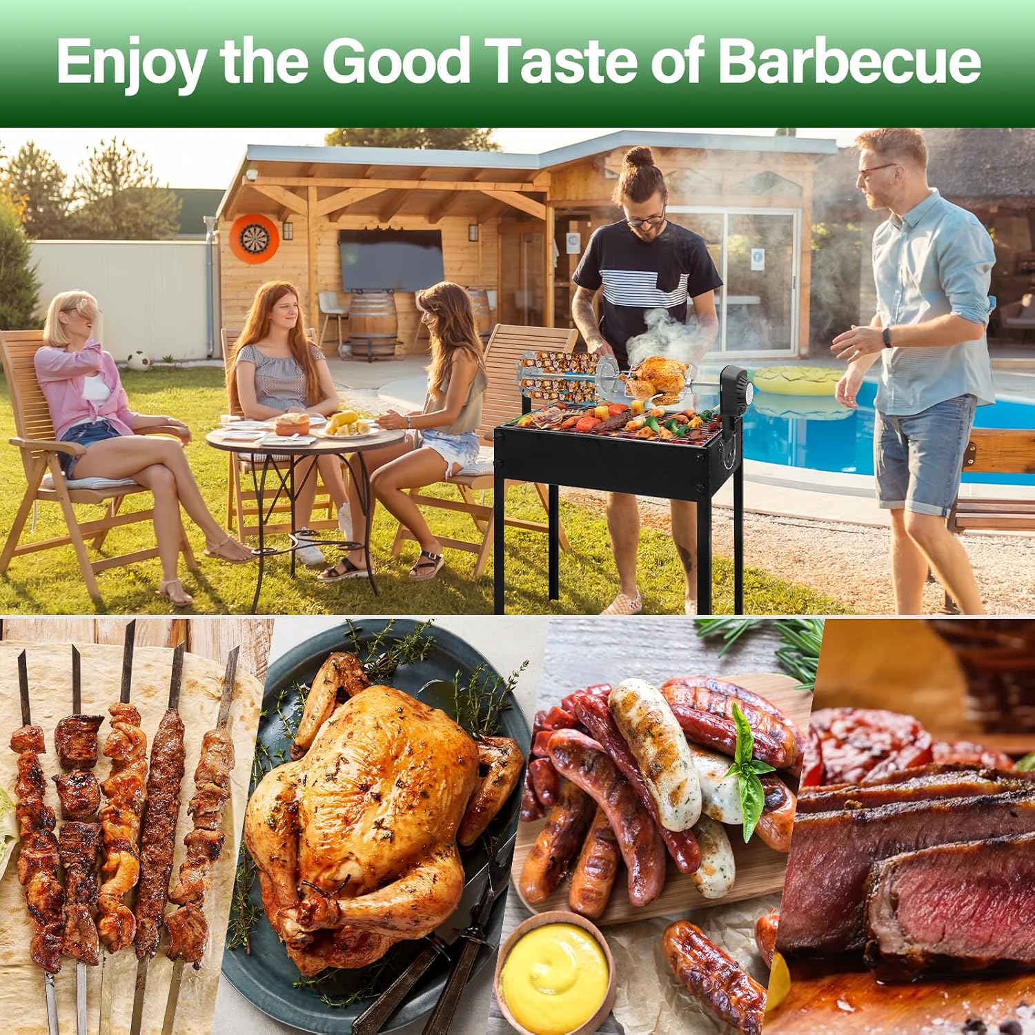 ptlsy Rotating Barbecue Charcoal Grill with Rotisserie Meat Forks & 6-Piece Skewer Set for Outdoor Cooking Camping Hiking Picnics Tailgating Backpacking or Any Outdoor Event