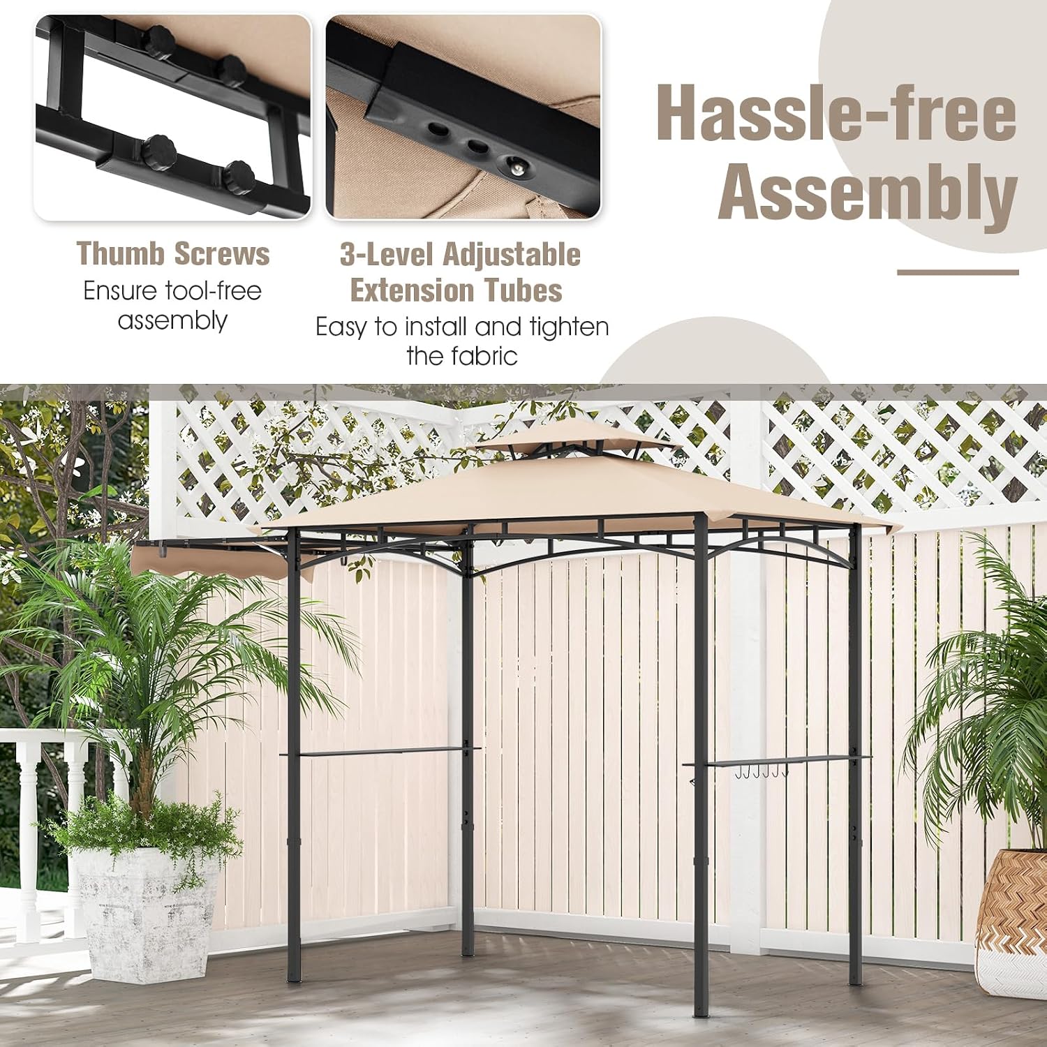 Tangkula 11x5 FT Grill Gazebo with Side Awning, 2-Tier Barbecue Gazebo with 2 Shelves, 12 Hanging Hooks, Bottle Opener, Outdoor Grill Canopy for Backyard Garden Poolside (Beige)