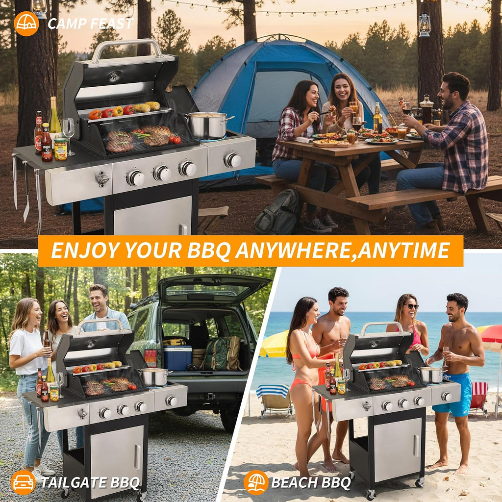 3-Burner Propane Grill for Backyard - 37,230 BTU BBQ with Side Burner, Porcelain Cast Iron Grates, Stainless Steel Outdoor Grill for Camping & Tailgating, Fast Heating