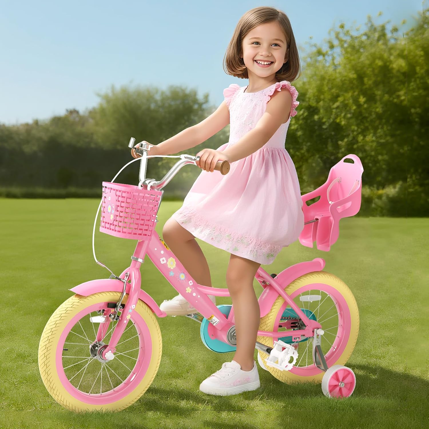 Glaf Toddler Girls Bike for Age 2-9 Years Old 12 14 16 Inch Girls Bike with Training Wheels and Doll Seat Kids Bike Bicycle with Basket