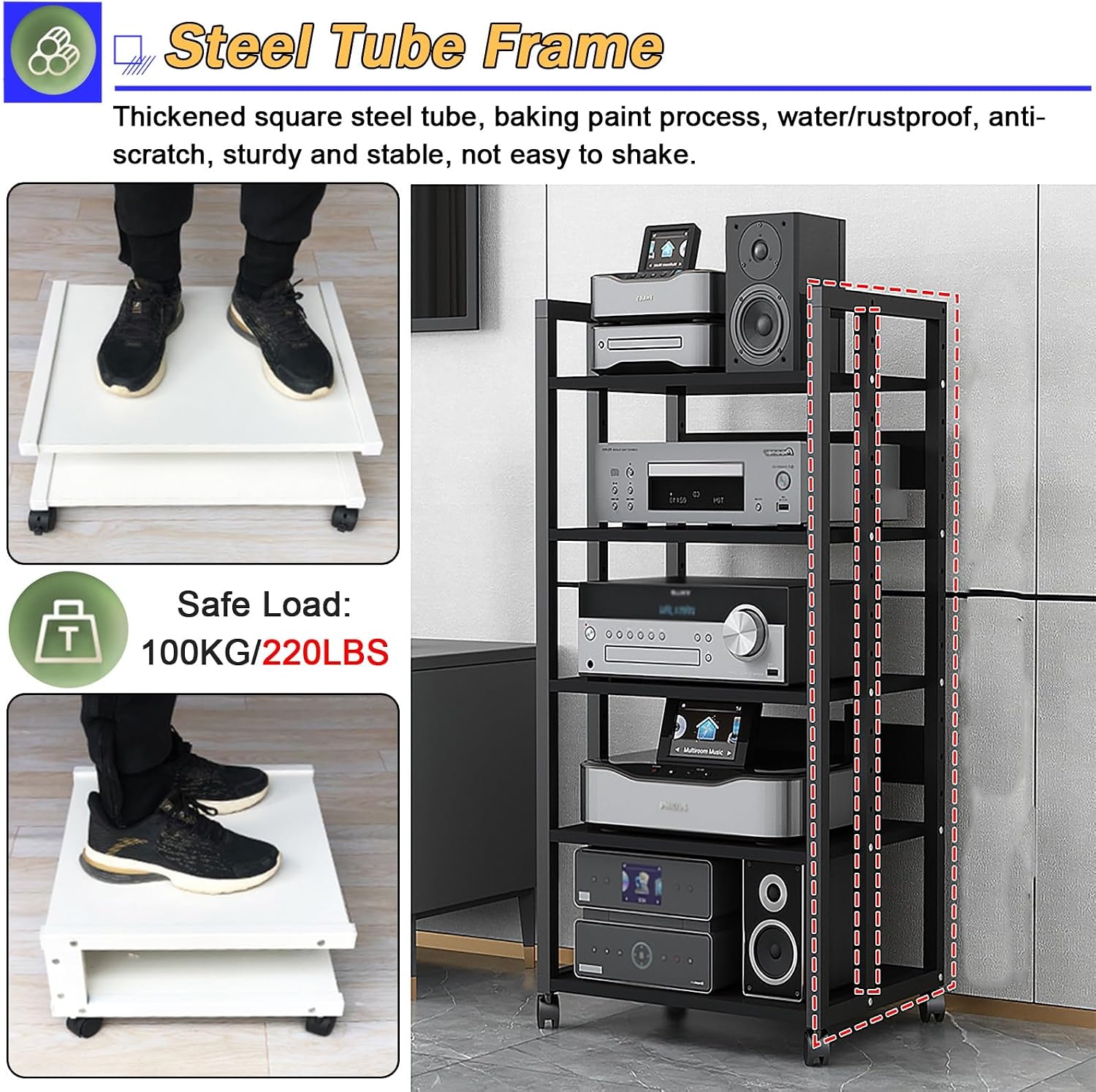 5/4/3/2-Tier AV Media Stand Vertical Storage Cabinet, Office Home Classroom Stereo Rack System Cabinet Adjustable, Mobile Audio Equipment Rack, Portable Record Player Amplifiers Shelf(3 Tier 58.5cm Ta