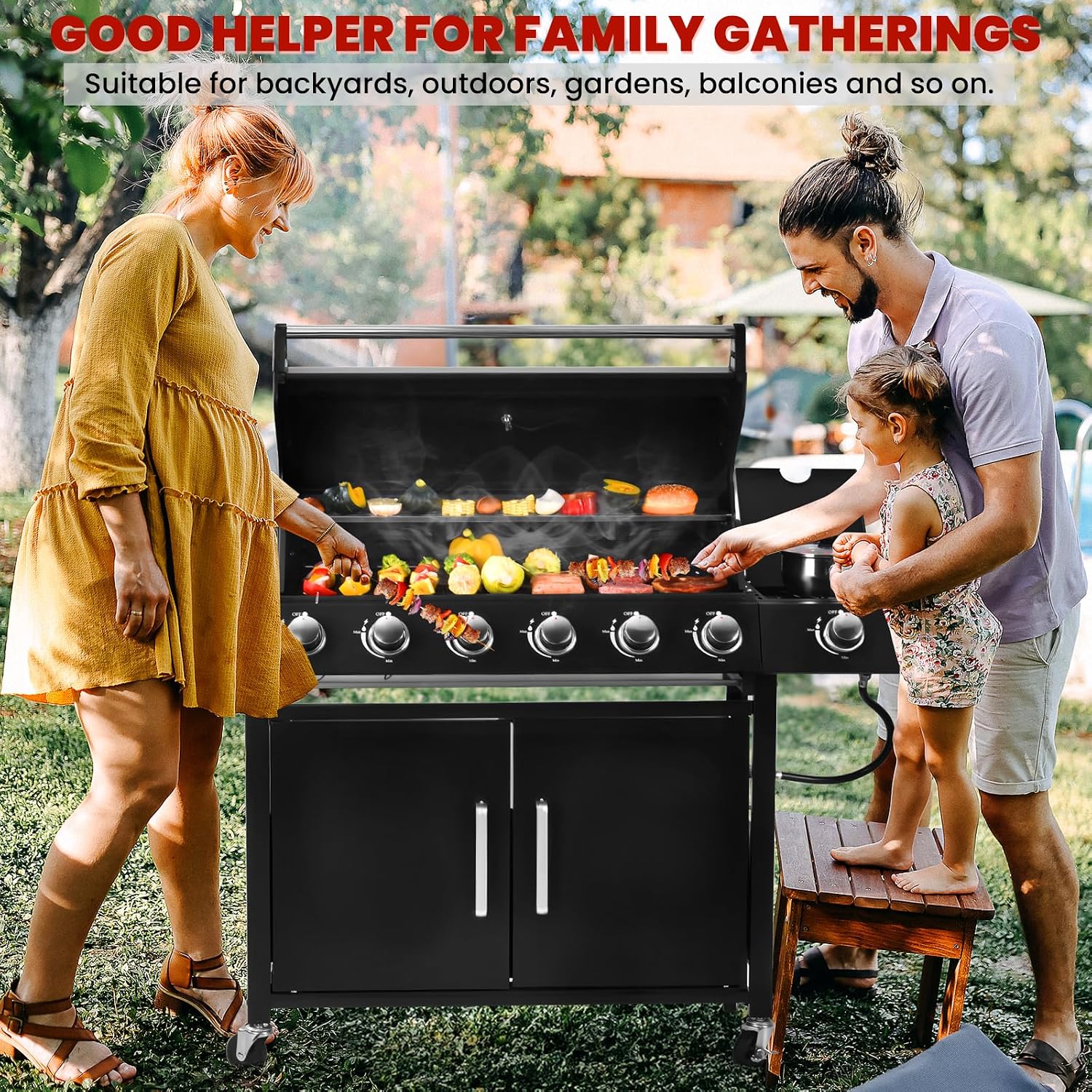 6-Burner w/Side Burner Gas Grill with 403 SQ.IN. Outdoor Grill with 60,000 BTU,Propane Grills with Top Cover Lid,Grills Outdoor Cooking for Patios,Camping,Balcony-Q032