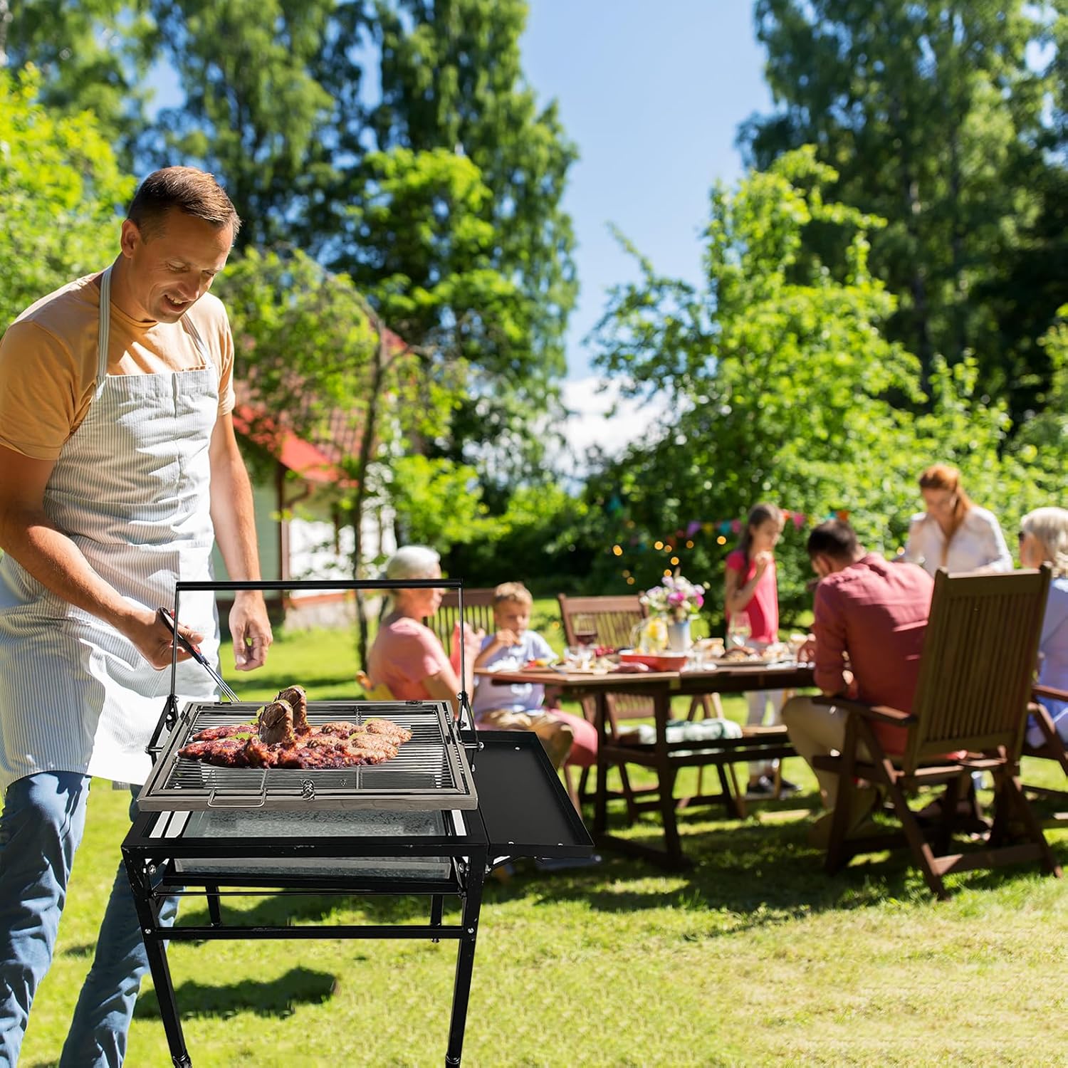BBQ Charcoal Grill with Cart, Heavy Duty Square Outdoor Detachable Portable Grill, 360° Rotating Cooking Grid Stand-up Grills with Wheels for Camping Garden Commercial Barbeque