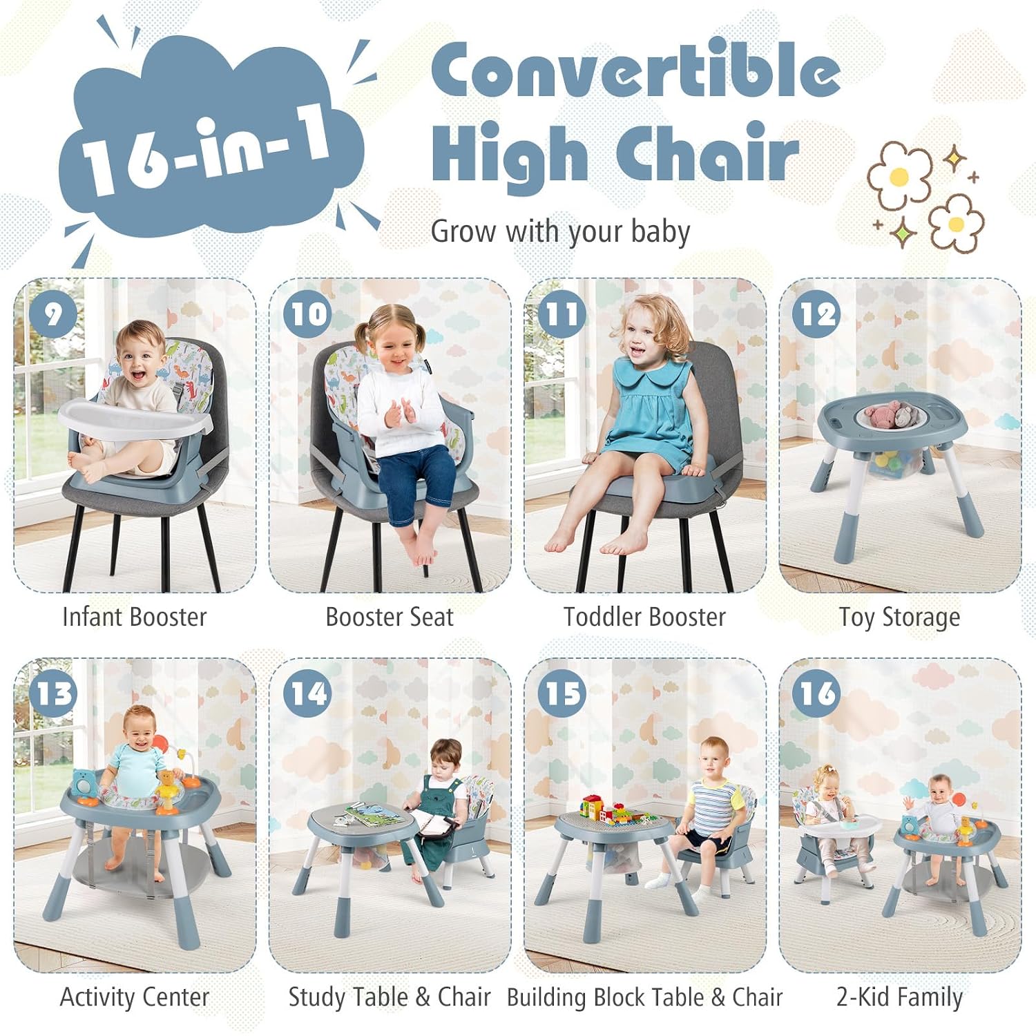 KOTEK 16 in 1 Convertible High Chair, Baby Highchair & Activity Center, Booster Seat, Building Block Table, Toddler Chair with 5-Point Harness, Removable Tray & Cushion (Blue)