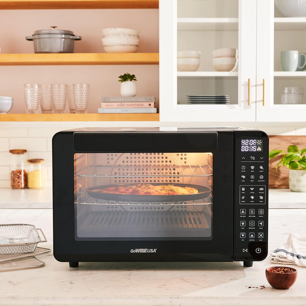 GoWISE USA 25-Quart Air Fryer Oven & Professional Dehydrator with 3 Heating Elements & Rotisserie, 12 Functions, Preheat & 5 Cooking Levels – Fits 12-Inch Pizza, 11 Accessories and Stainless Steel