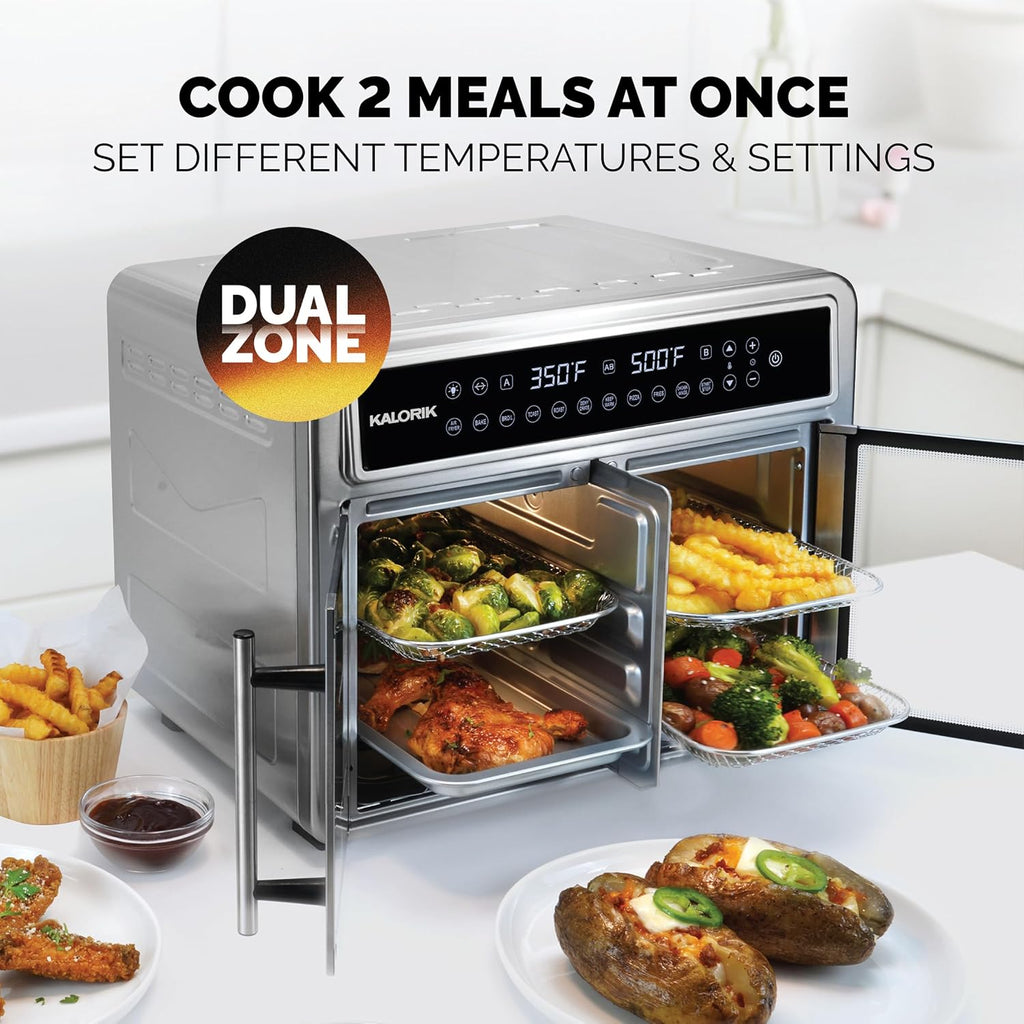 Kalorik Air Fryer Oven MAXX Series 26-Quart Flex Trio with Digital Controls Easy-View Door and 14 Cooking Presets, Converts into Dual 13 Quart Air Fryers, 1700-Watts, Stainless Steel