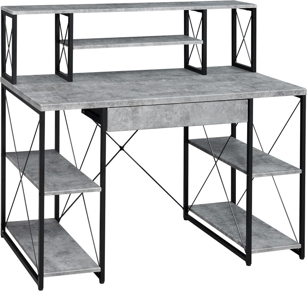 AMNOOL Office Desk with Open Shelves - Stylish Wood Recording Studio Workstation with Drawer and Compartments for Audio Equipment, Cables, and Accessories (Black+Grey)