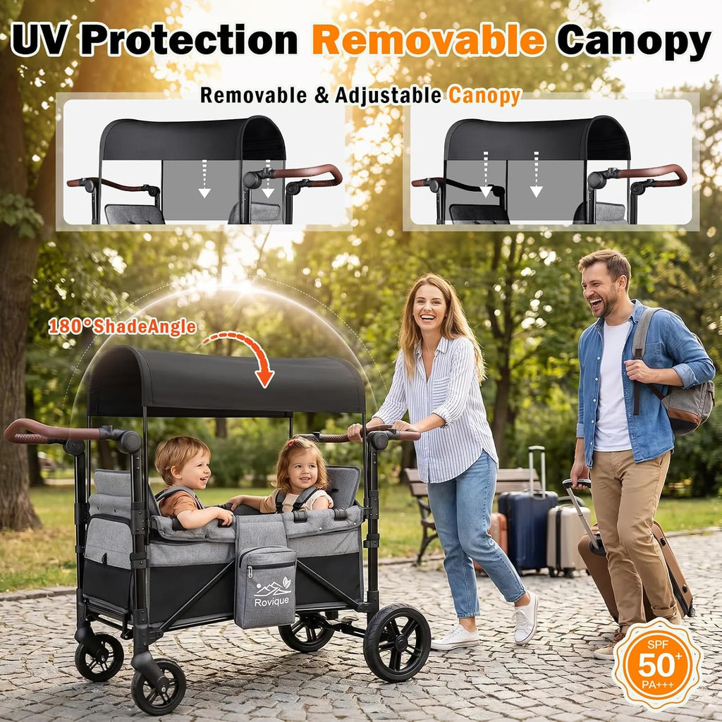 Wagon Stroller, Foldable 2 Seater Stroller Wagon for Kids with Extra Long Extender, Aluminum All-Terrain Baby Wagon with Convertible Seats, Adjustable Handle, Removable Canopy, Snack Tray, Cup Holder