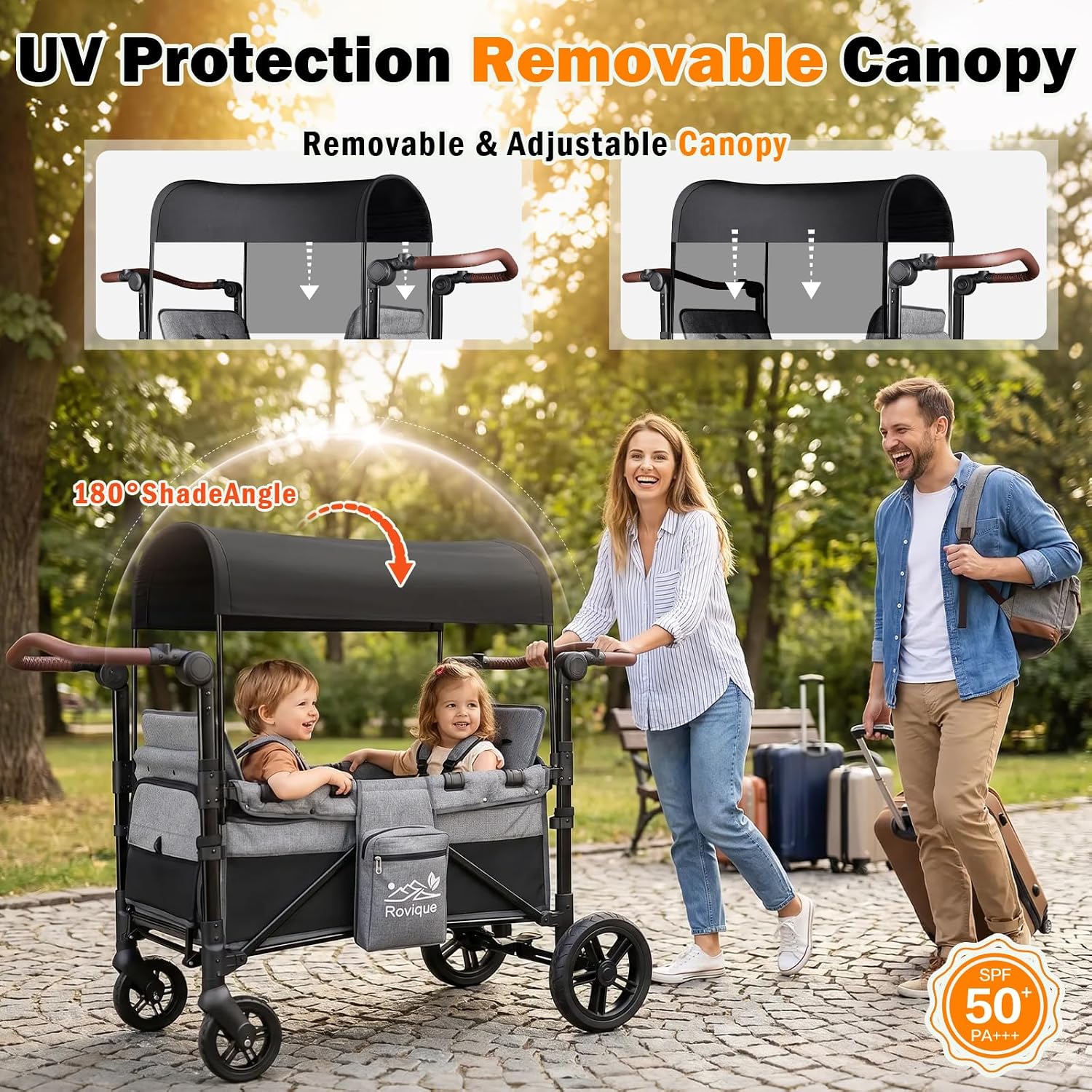 Wagon Stroller, Foldable 2 Seater Stroller Wagon for Kids with Extra Long Extender, Aluminum All-Terrain Baby Wagon with Convertible Seats, Adjustable Handle, Removable Canopy, Snack Tray, Cup Holder