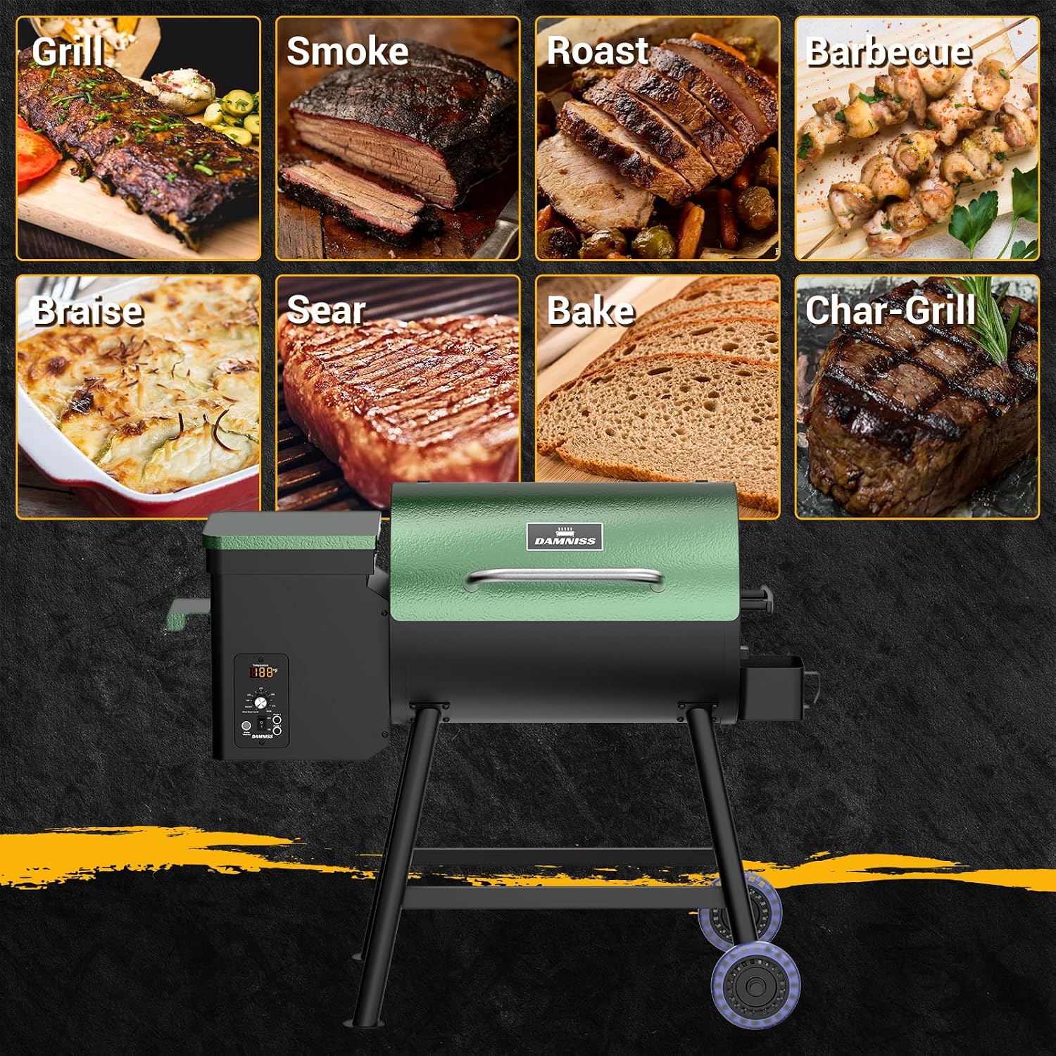 DAMNISS Electric Wood Pellet Smoker Grill 8 In 1 BBQ Grills for Outdoor Grill with Auto Feed & PID Temperature Control (180-450°F) and Rain Cover 456 Sq.In Cook Area for Backyard New House Gifts