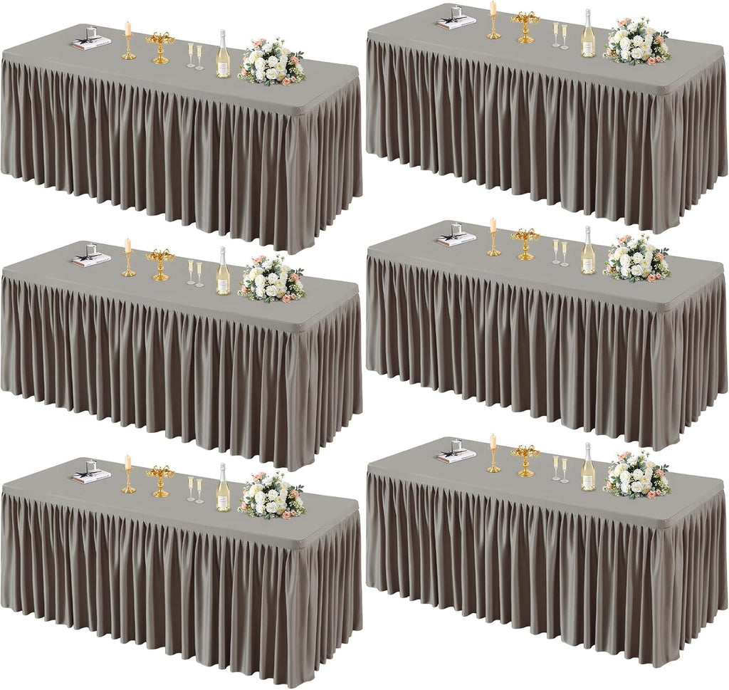 6 Pack Natural Tablecloths for Rectangle Tables 6ft, Wrinkle Resistant Spandex Table Cover Fitted Stretch Table Cloth with Pleated Ruffle Skirts for Party Banquet Dining Birthday Wedding