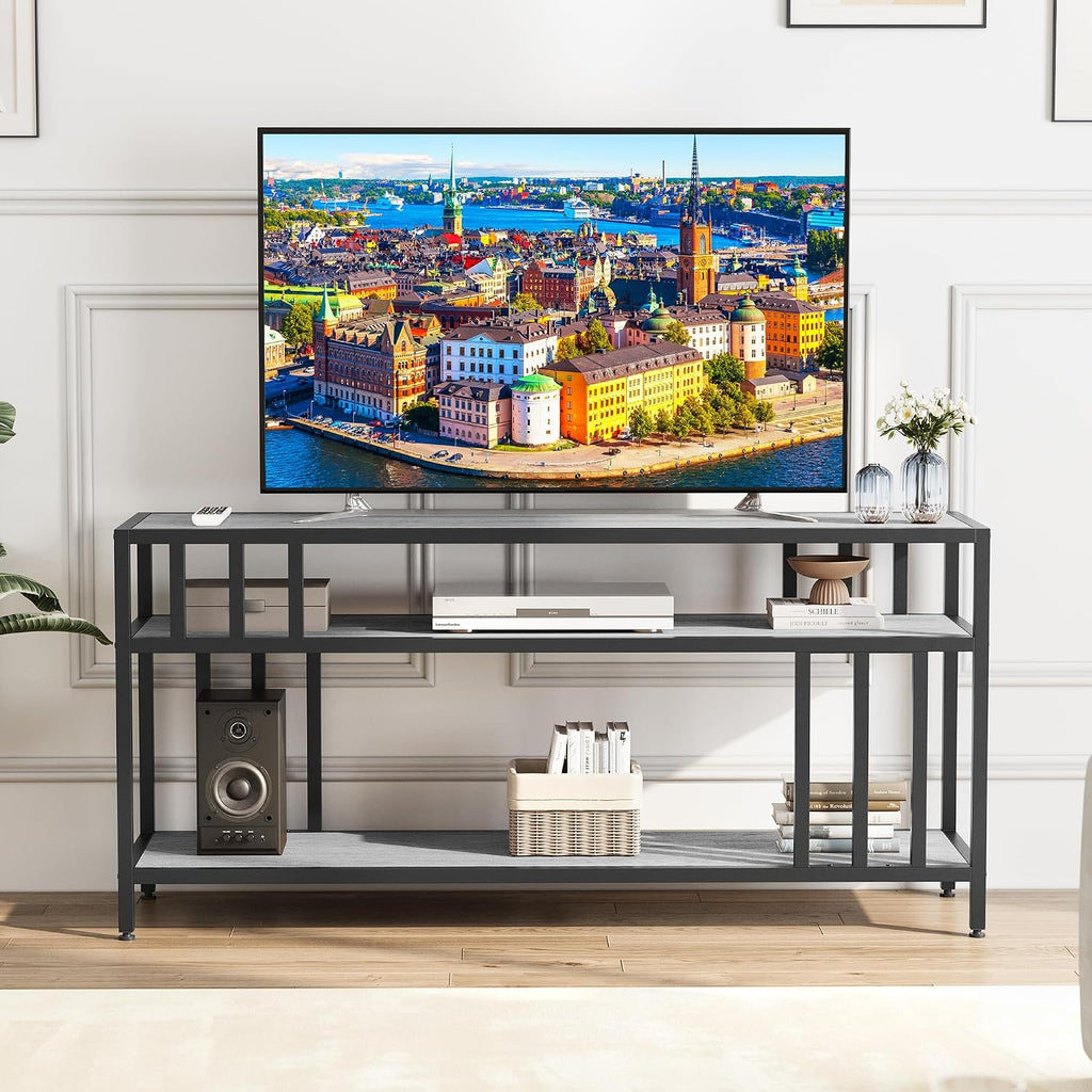 GarveeHome 58 in TV Stand for TV up to 65 in, Entertainment Center with Open Storage Shelves, TV Media Console Table with Quadruple-Tube Support for Living Room, Bedroom - 58 in Grey