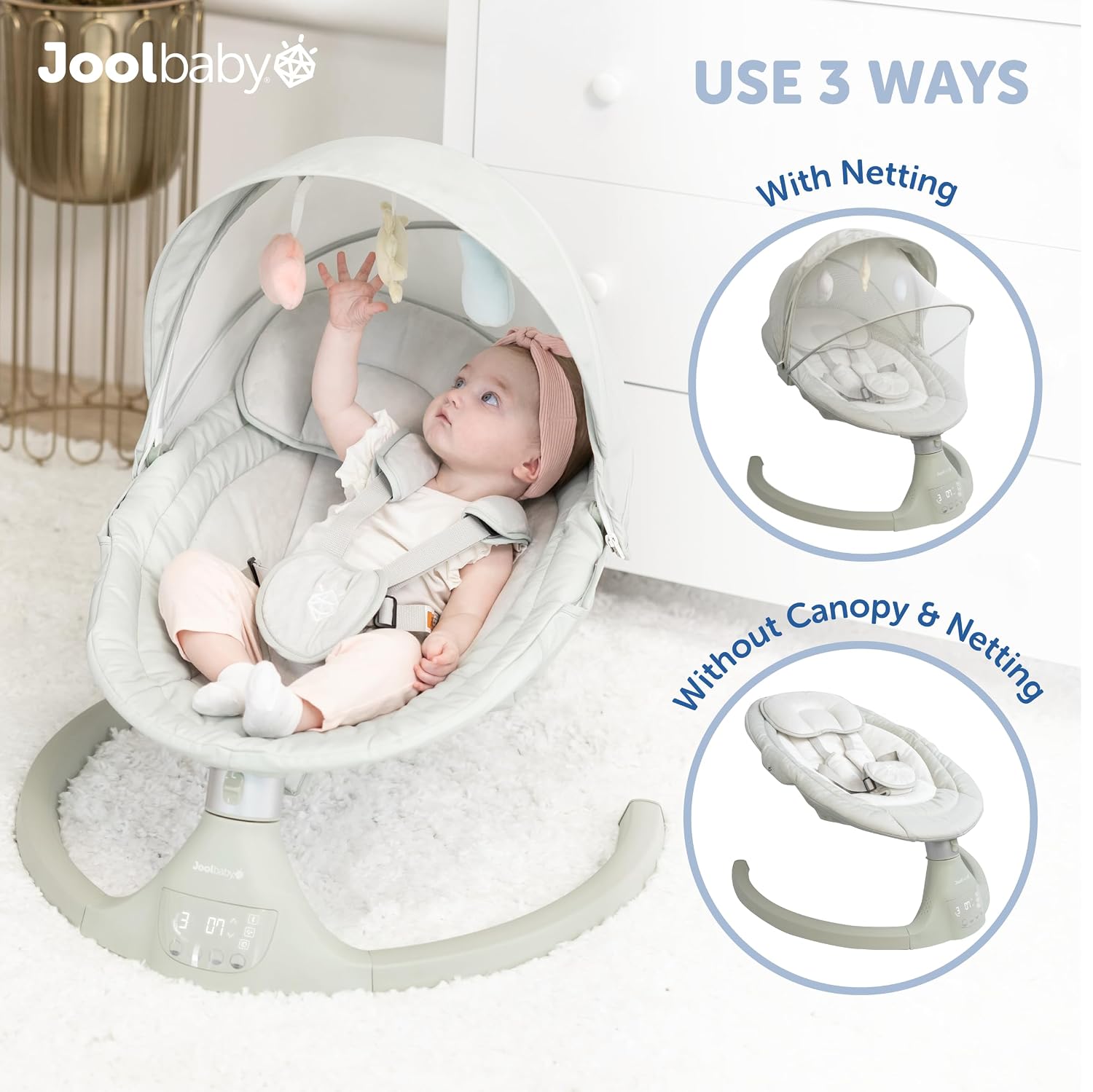 Jool Baby Nova Swing for Newborns - Electric Motorized Infant Swing, Bluetooth Music, 10 Preset Melodies, Remote (Updated Model, Sage)