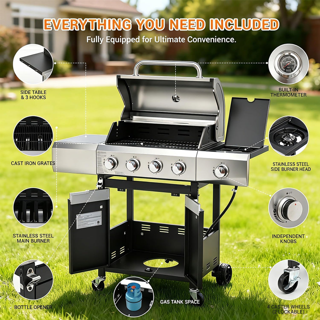 EUHOME 51,000 BTU 4-Burner Propane Gas Grill with Side Burner – Large 452 sq.in Stainless Steel BBQ Grill, Enameled Cast Iron Grates, 4 Swivel Casters & Protective Cover for Backyard Patio Family
