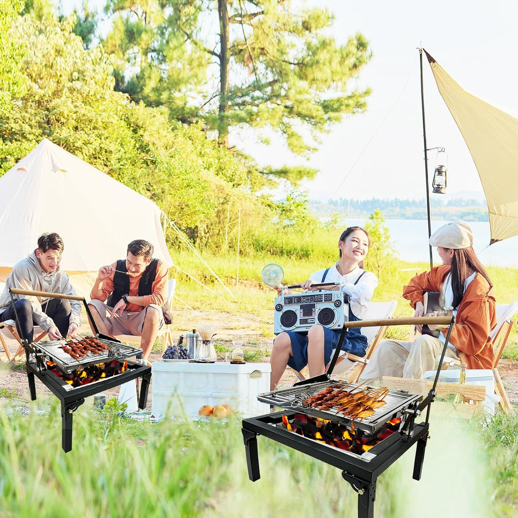 Rotating BBQ Grill, Foldable Flipping Charcoal Grill with 360 Degree Rotating Cooking Grille, Cooking Grill with Adjustable Tray, Suitable for Outdoor Camping Picnicking Backyard Garden Parties