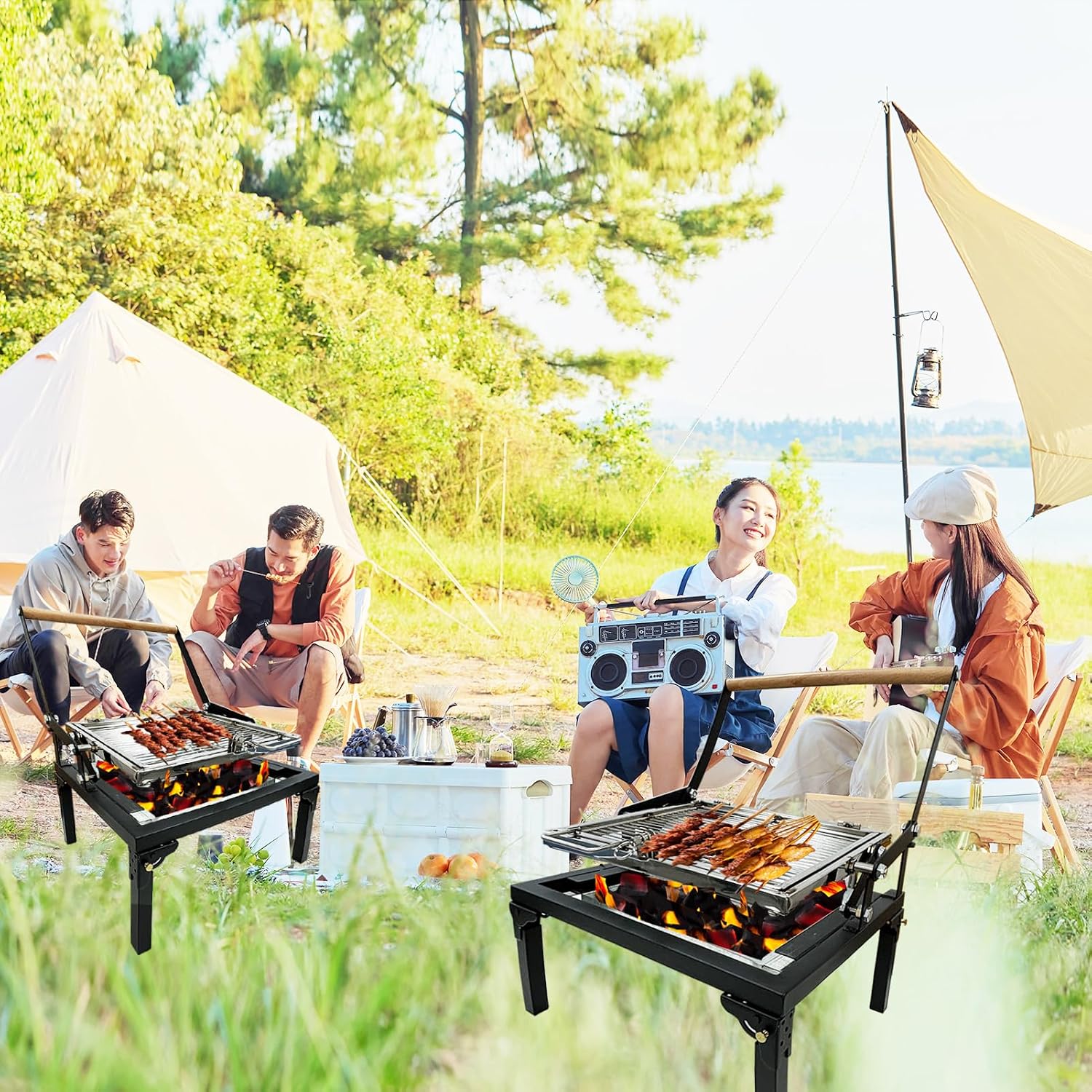 Rotating BBQ Grill, Foldable Flipping Charcoal Grill with 360 Degree Rotating Cooking Grille, Cooking Grill with Adjustable Tray, Suitable for Outdoor Camping Picnicking Backyard Garden Parties