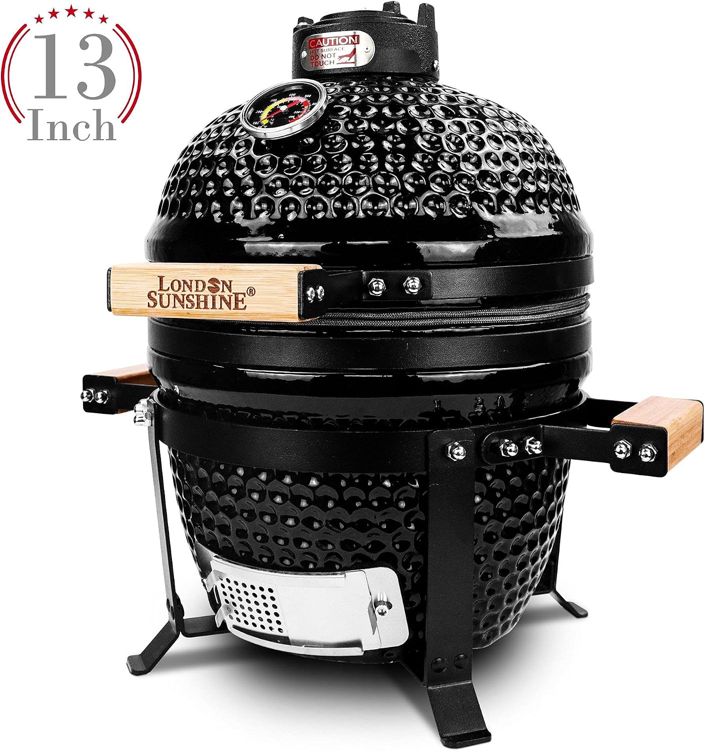 London Sunshine Ceramic BBQ Charcoal Kamado Grill 13 inch Portable Tabletop BBQ Grill with Stainless Steel Grates Black, Black