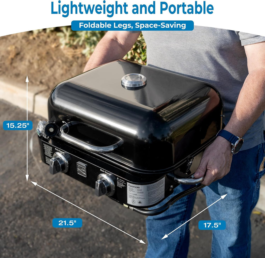 Kenmore Portable Propane Gas Grill - Tabletop BBQ Grill with Warming Rack, 2 Stainless Steel Burners with 14,000 BTUs, for Outdoor Kitchen, Camping, Black