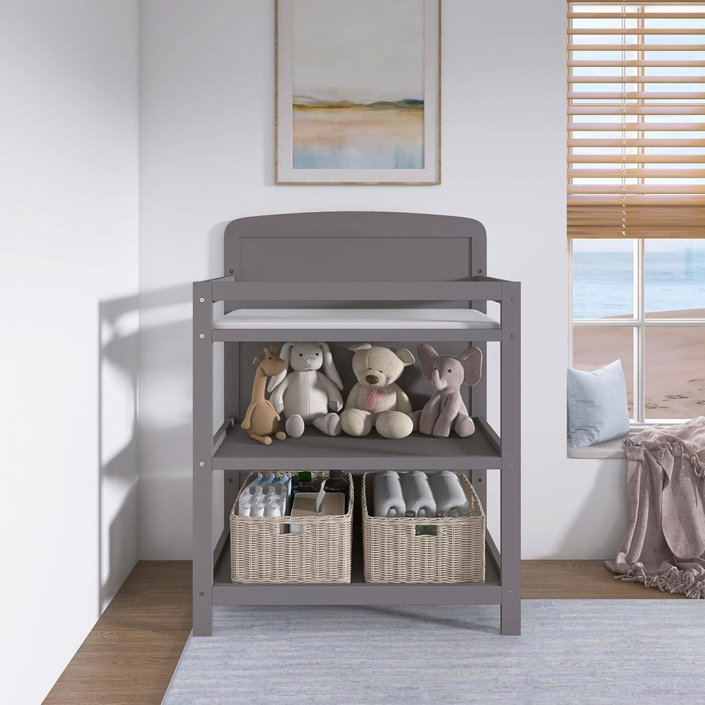 Dream On Me Anna 3-in-1 Convertible Full-Size Baby Crib & Changer with Storage in Steel Grey, GreenGuard Gold & JPMA, Pinewood, Converts to Day & Toddler Bed, 3 Mattress Heights, 1″ Changing Pad