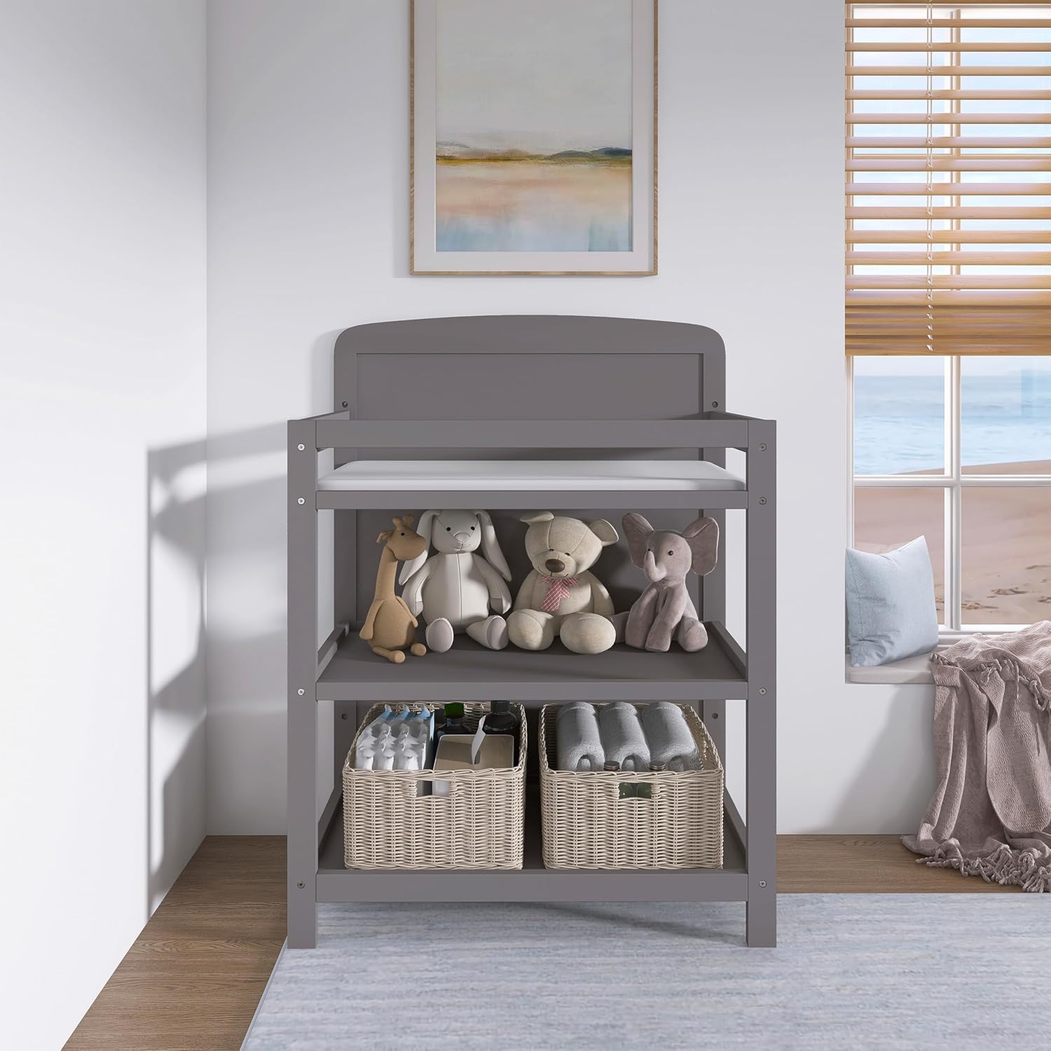 Dream On Me Anna 3-in-1 Convertible Full-Size Baby Crib & Changer with Storage in Steel Grey, GreenGuard Gold & JPMA, Pinewood, Converts to Day & Toddler Bed, 3 Mattress Heights, 1″ Changing Pad