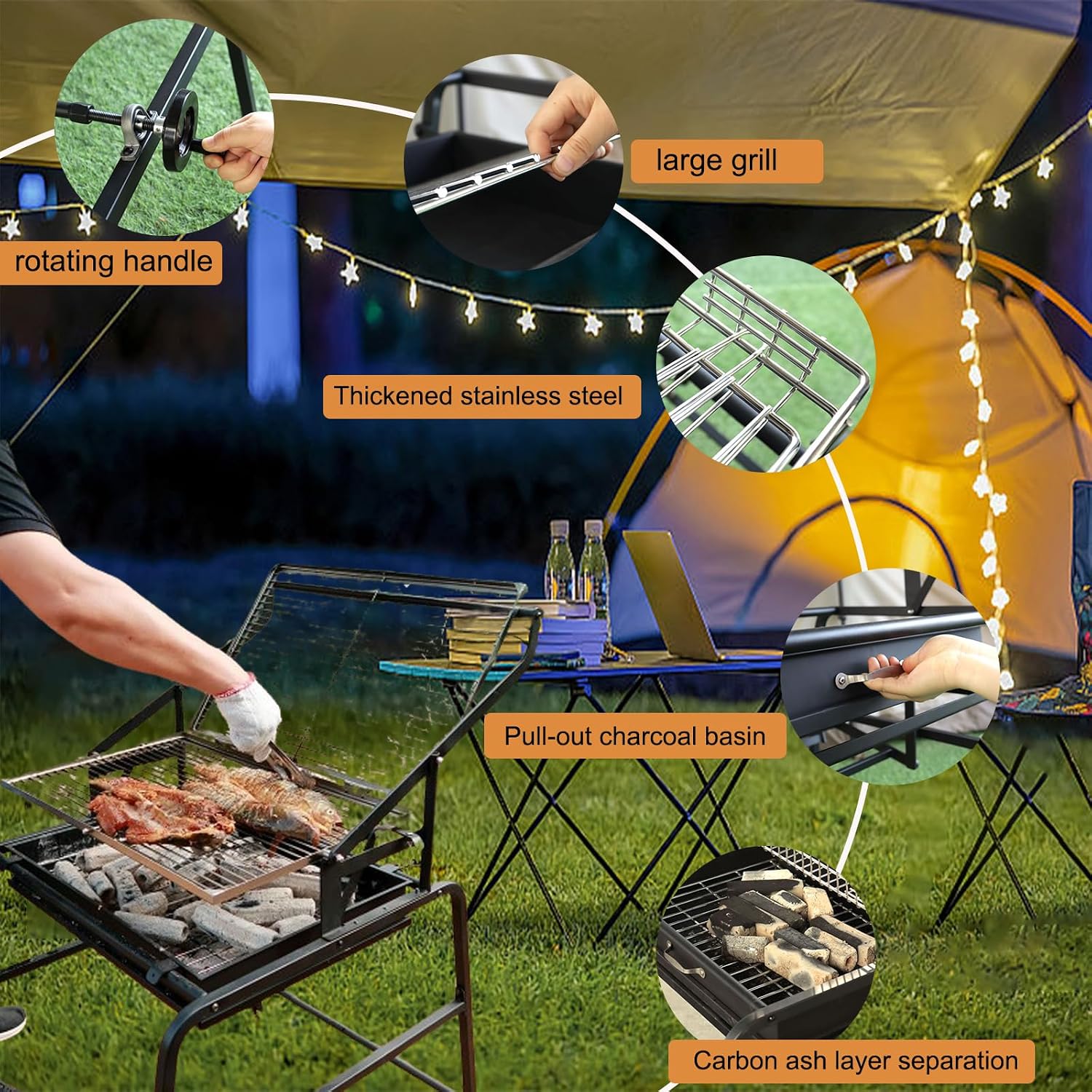 Extra Large Charcoal Grill, 360° Rotating Charcoal Grill, Portable Smoker Stainless Steel Grill With Liftable Charcoal Brazier, Camping Grill